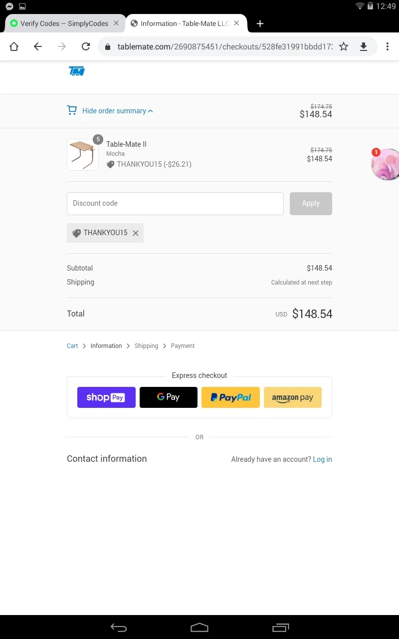 Table-Mate checkout page showing Table-Mate promo code box | Screenshot taken by SimplyCodes community member on Jun 28, 2020
