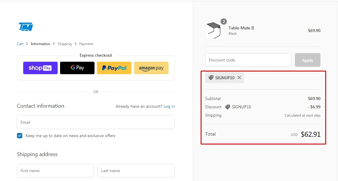 Table-Mate checkout page showing Table-Mate promo code box | Screenshot taken by SimplyCodes community member on Jul 18, 2020