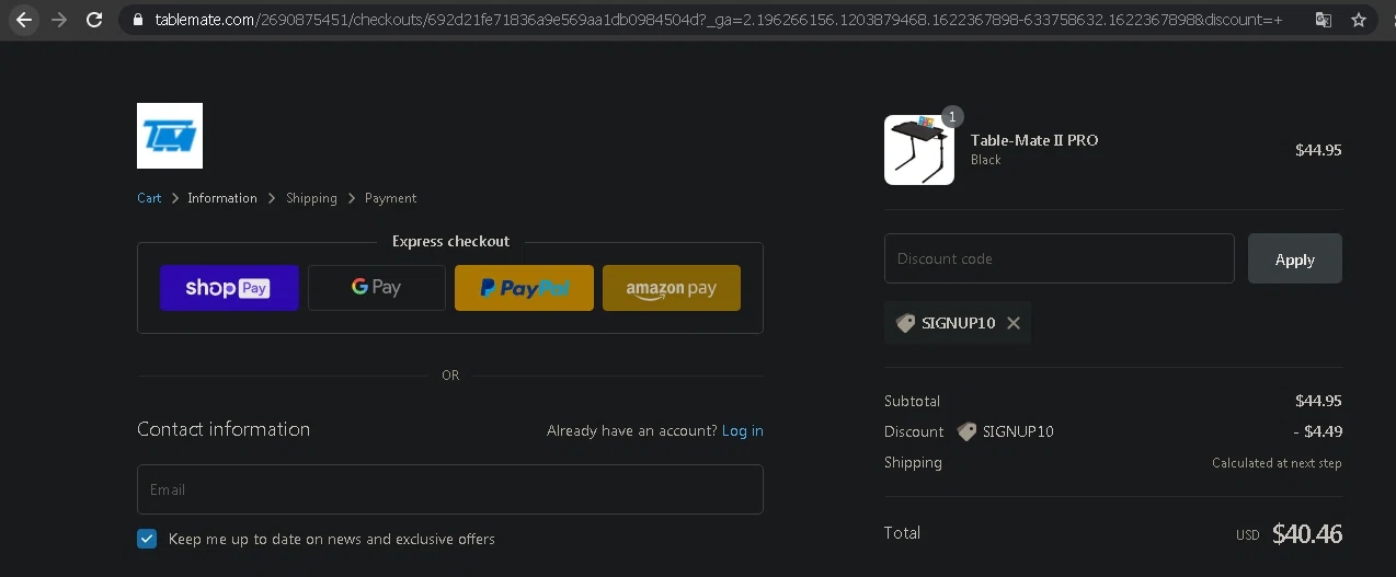 Table-Mate checkout page showing Table-Mate promo code box | Screenshot taken by SimplyCodes community member on May 30, 2021