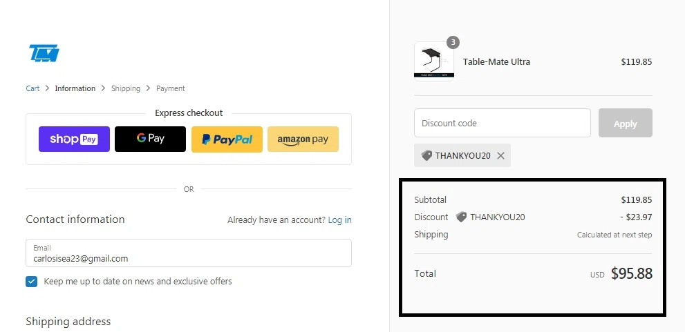 Table-Mate checkout page showing Table-Mate promo code box | Screenshot taken by SimplyCodes community member on Aug 5, 2020