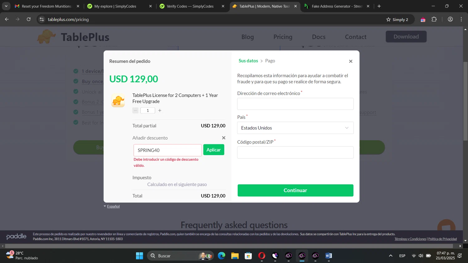 TablePlus discount code screenshot showing code SPRING40 applied at TablePlus checkout page. Uploaded by SimplyCodes community member TreasureNavigator332 on Mar 21, 2025