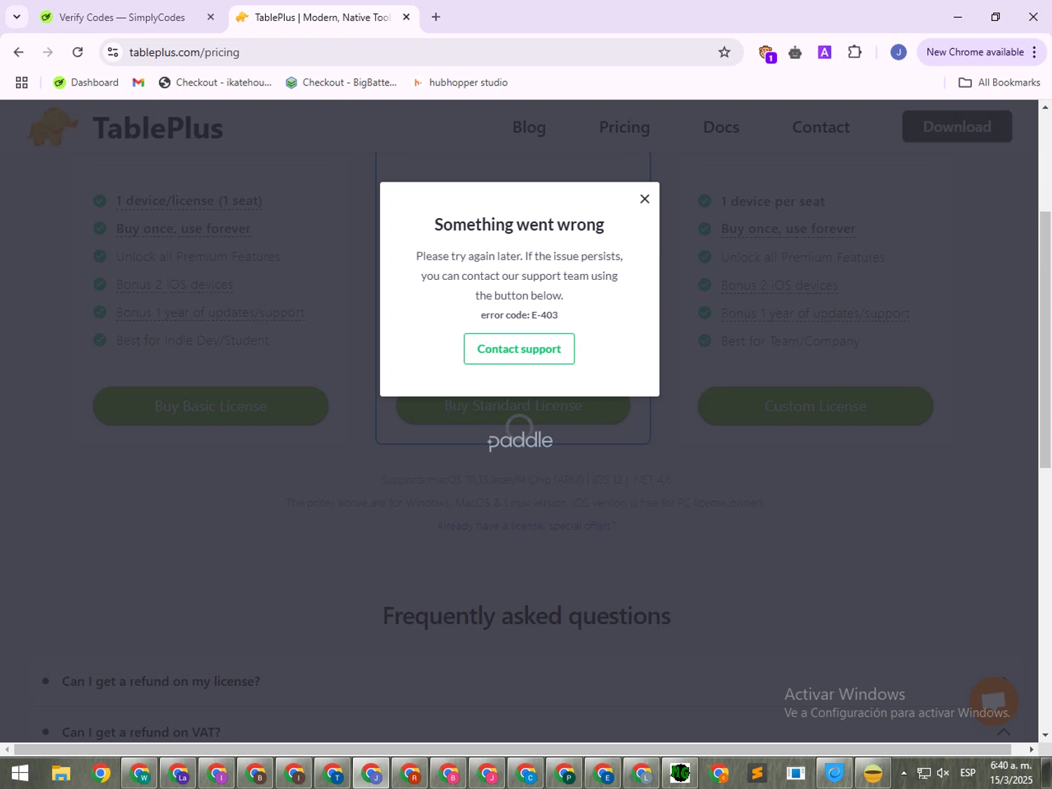 TablePlus discount code screenshot showing code SPRING40 applied at TablePlus checkout page. Uploaded by SimplyCodes community member VoucherLegend6452 on Mar 15, 2025