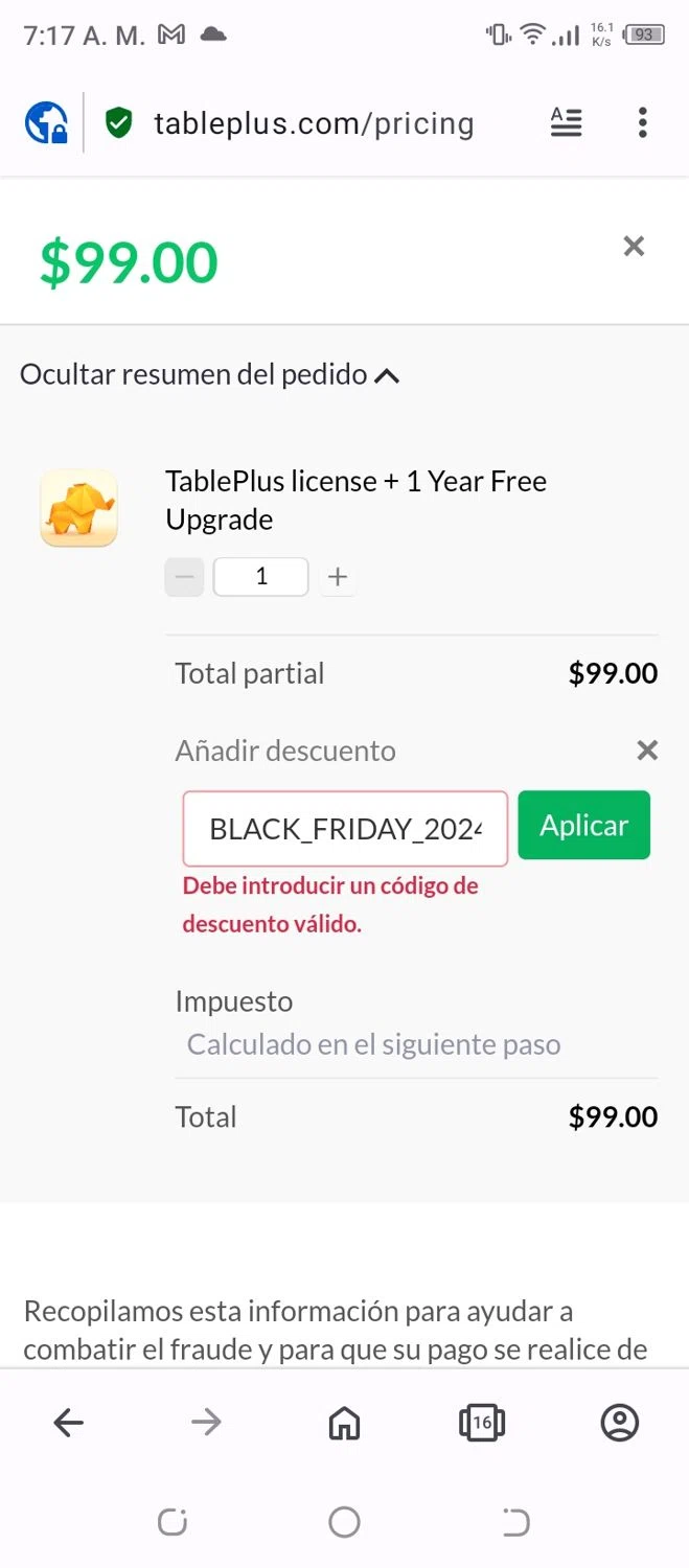 TablePlus discount code screenshot showing code BLACK_FRIDAY_2024 applied at TablePlus checkout page. Uploaded by SimplyCodes community member Francisco01 on Mar 15, 2025