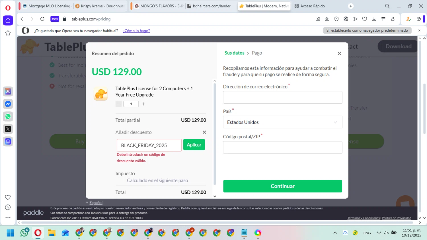 TablePlus discount code screenshot showing code BLACK_FRIDAY_2025 applied at TablePlus checkout page. Uploaded by SimplyCodes community member Marielis on Dec 11, 2025