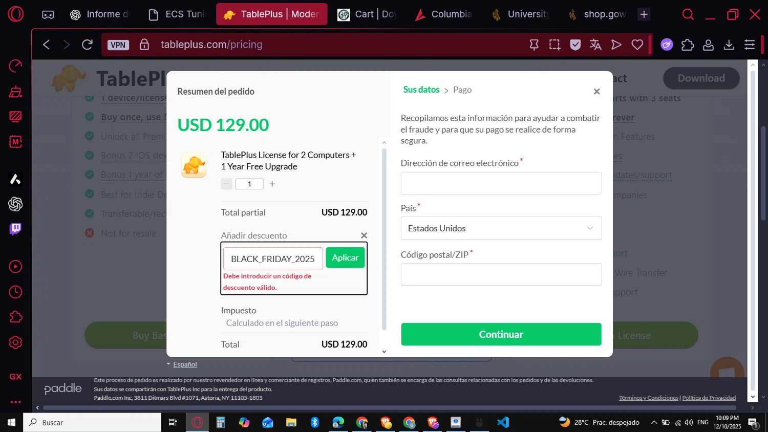 TablePlus discount code screenshot showing code BLACK_FRIDAY_2025 applied at TablePlus checkout page. Uploaded by SimplyCodes community member SavingsVirtuoso1883 on Dec 11, 2025