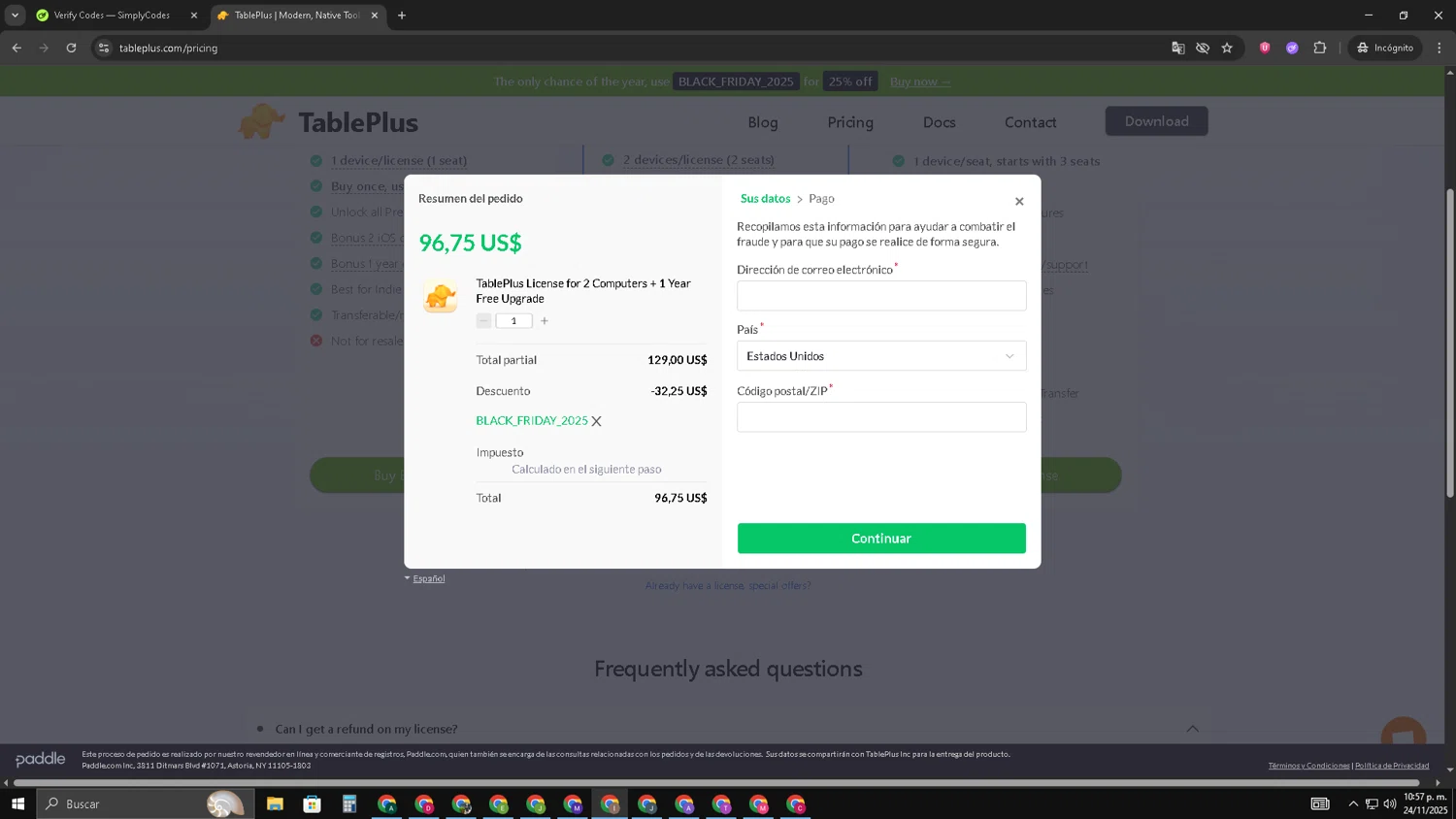 TablePlus discount code screenshot showing code BLACK_FRIDAY_2025 applied at TablePlus checkout page. Uploaded by SimplyCodes community member pequenokalvin5 on Nov 25, 2025