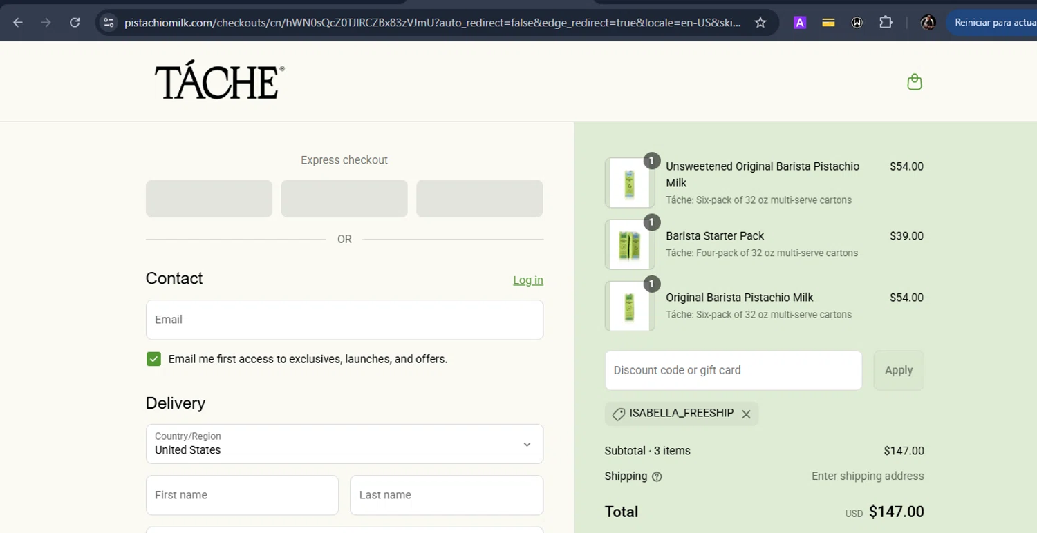 Tache Pistachio Milk discount code screenshot showing code isabella_freeship applied at Tache Pistachio Milk checkout page. Uploaded by SimplyCodes community member Eduard on Jul 21, 2025