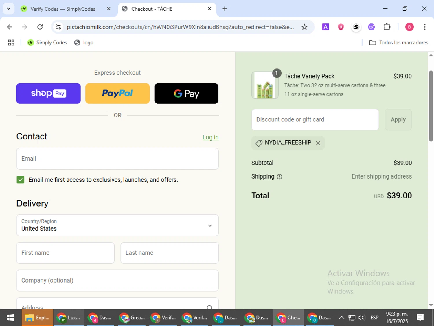 Tache Pistachio Milk discount code screenshot showing code NYDIA_FREESHIP applied at Tache Pistachio Milk checkout page. Uploaded by SimplyCodes community member bombontropical on Jul 17, 2025