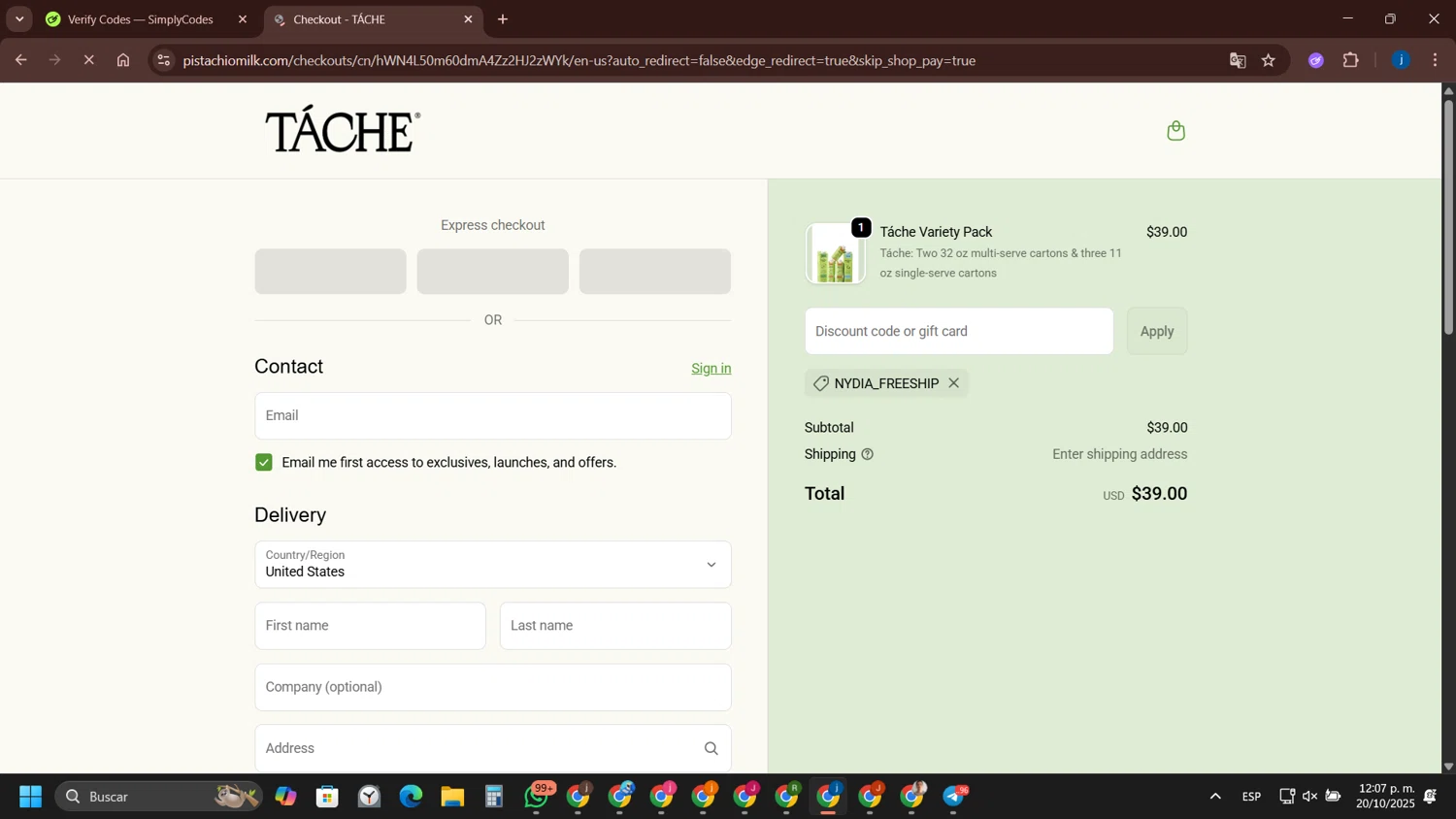 Tache Pistachio Milk discount code screenshot showing code NYDIA_FREESHIP applied at Tache Pistachio Milk checkout page. Uploaded by SimplyCodes community member yameteqdasai on Oct 20, 2025