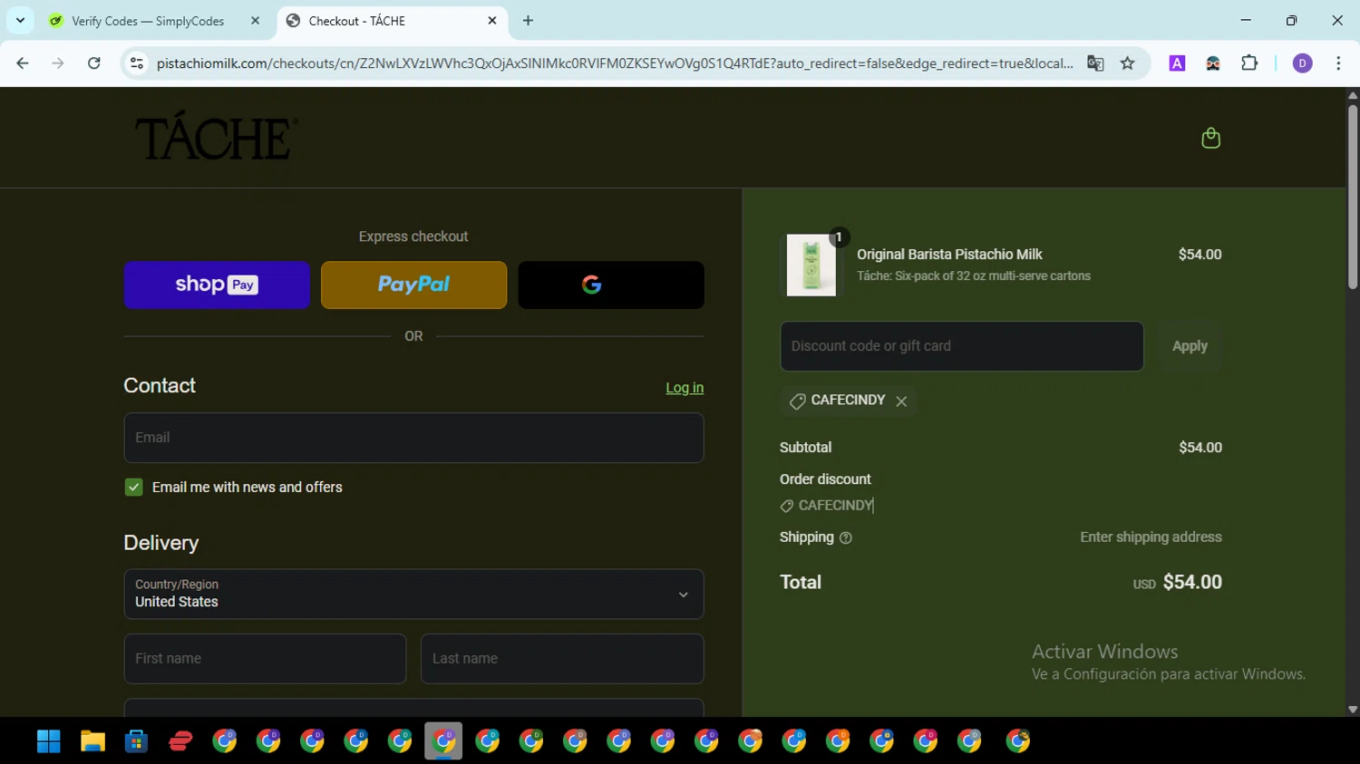 Tache Pistachio Milk discount code screenshot showing code CAFECINDY applied at Tache Pistachio Milk checkout page. Uploaded by SimplyCodes community member EpicSpotter8045 on Apr 23, 2025