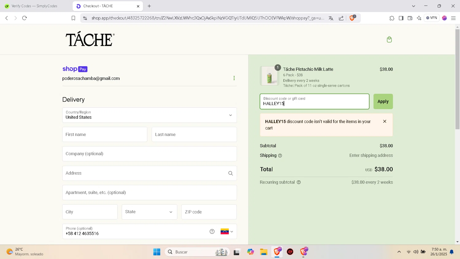 Tache Pistachio Milk discount code screenshot showing code HALLEY15 applied at Tache Pistachio Milk checkout page. Uploaded by SimplyCodes community member esperanza on Jan 26, 2025
