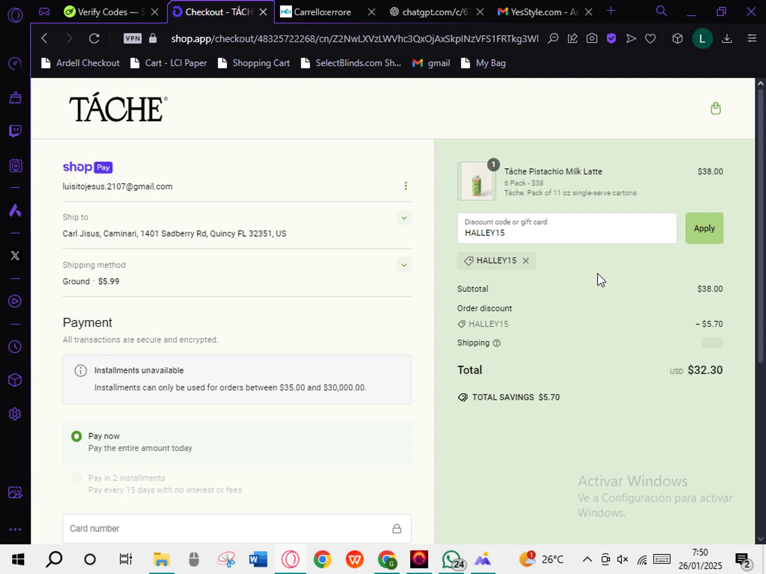 Tache Pistachio Milk discount code screenshot showing code HALLEY15 applied at Tache Pistachio Milk checkout page. Uploaded by SimplyCodes community member DiscountTiger7720 on Jan 26, 2025