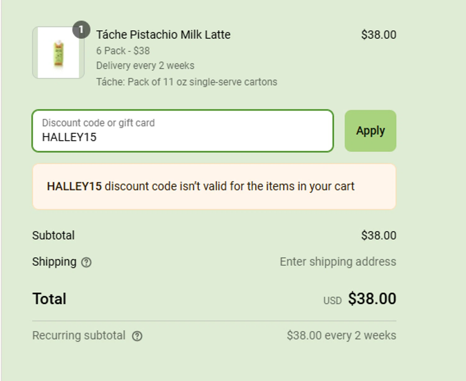 Tache Pistachio Milk discount code screenshot showing code HALLEY15 applied at Tache Pistachio Milk checkout page. Uploaded by SimplyCodes community member RewardCurator5232 on Mar 19, 2025