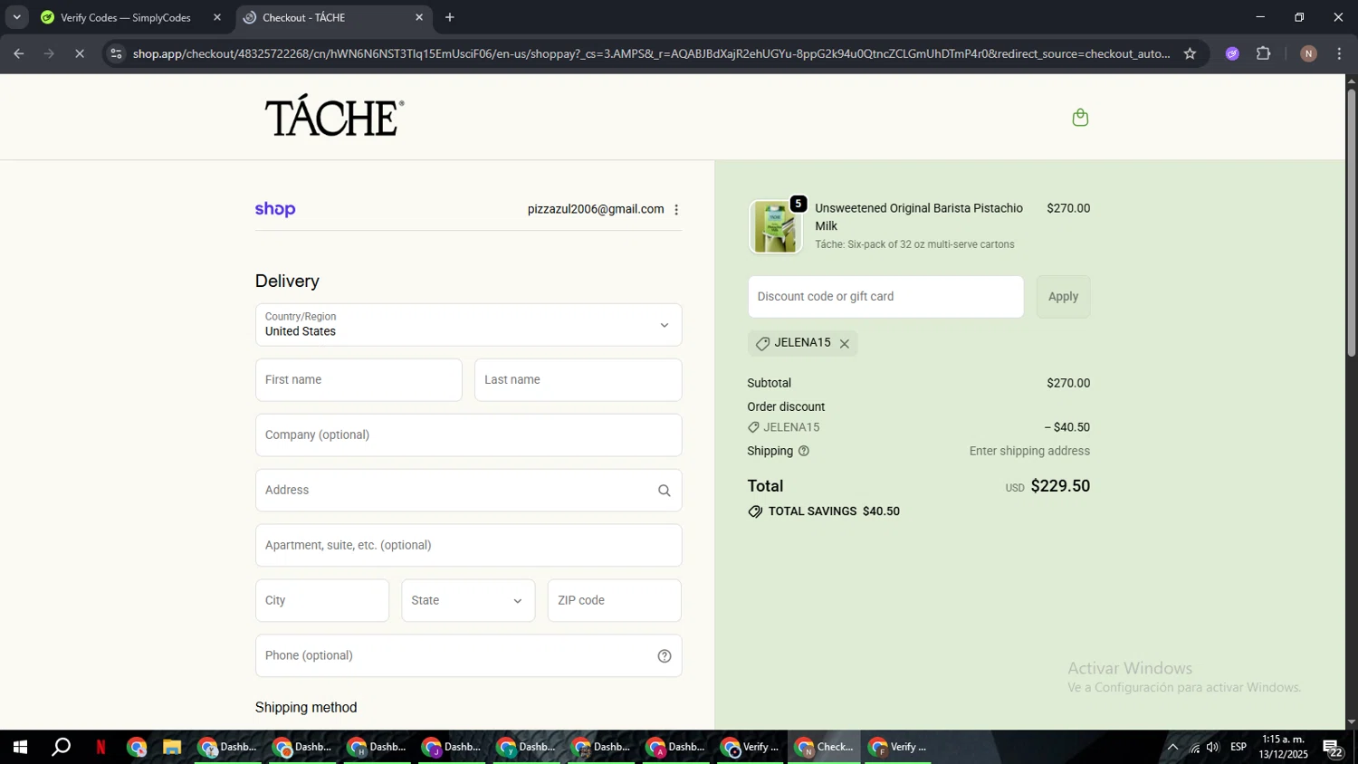 Tache Pistachio Milk discount code screenshot showing code Jelena15 applied at Tache Pistachio Milk checkout page. Uploaded by SimplyCodes community member DiscountPioneer2554 on Dec 13, 2025