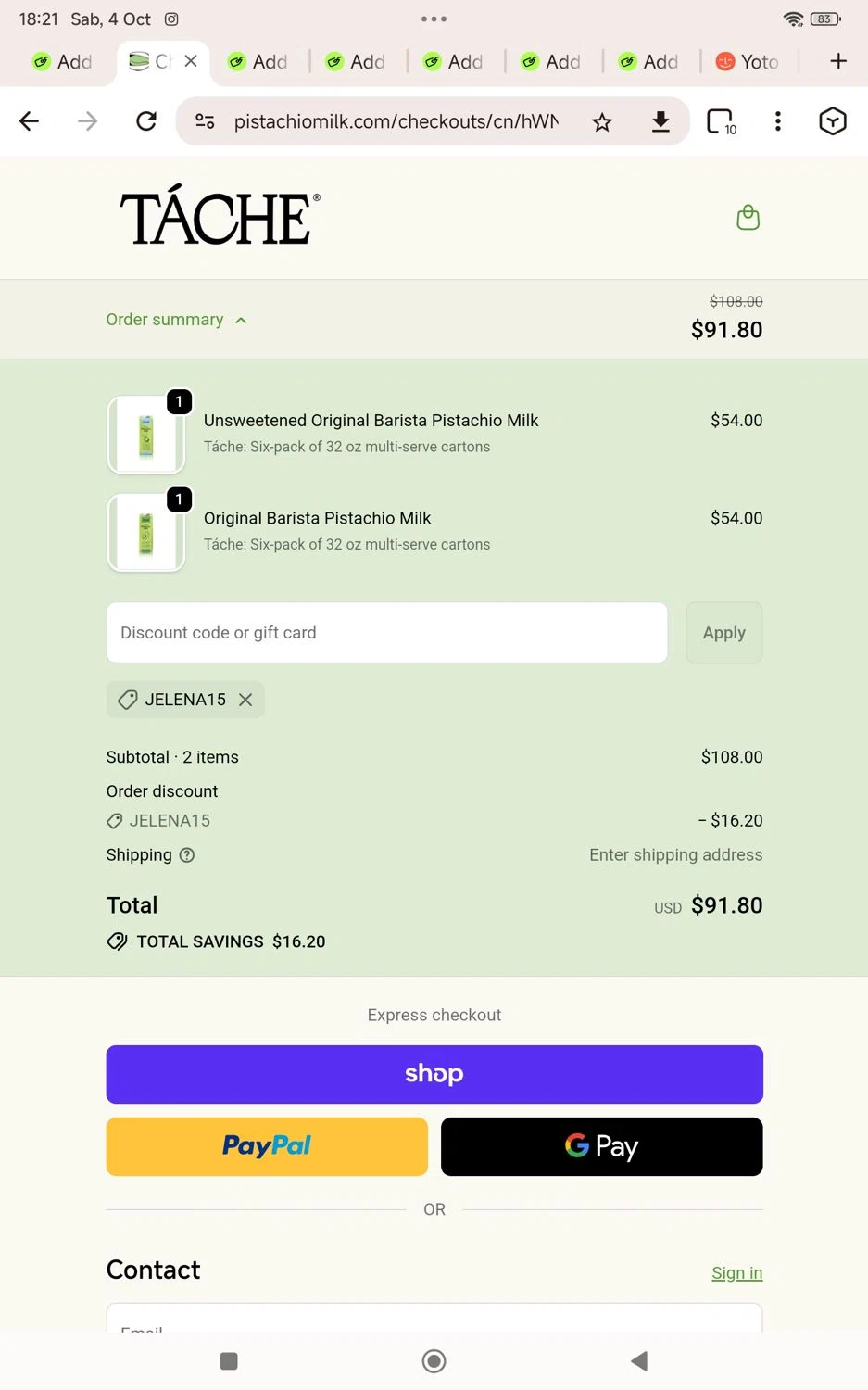 Tache Pistachio Milk discount code screenshot showing code Jelena15 applied at Tache Pistachio Milk checkout page. Uploaded by SimplyCodes community member KarinaHZ on Oct 4, 2025