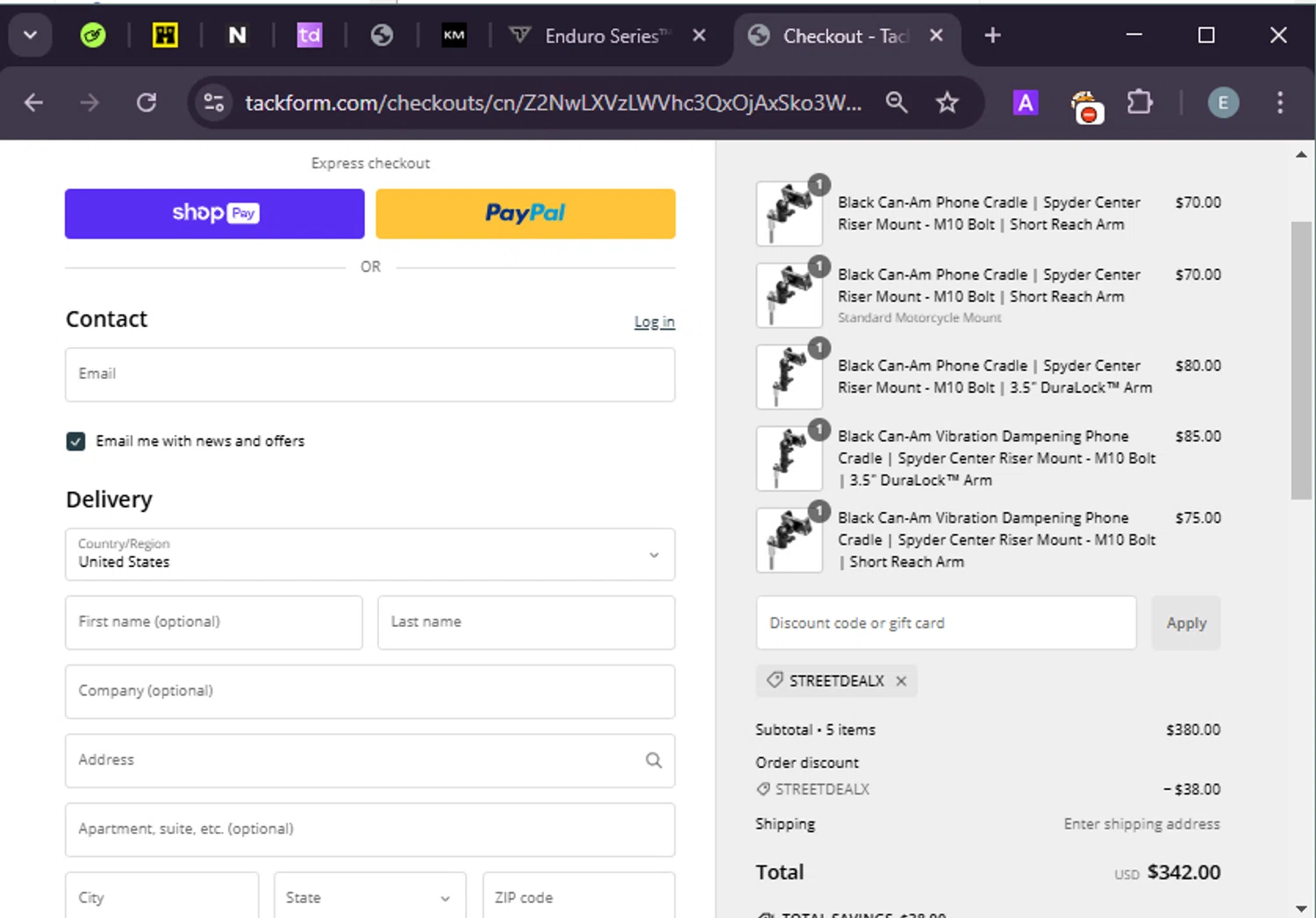 Tackform discount code screenshot showing code STREETDEALX applied at Tackform checkout page. Uploaded by SimplyCodes community member LuckyExpert7689 on Jan 22, 2025