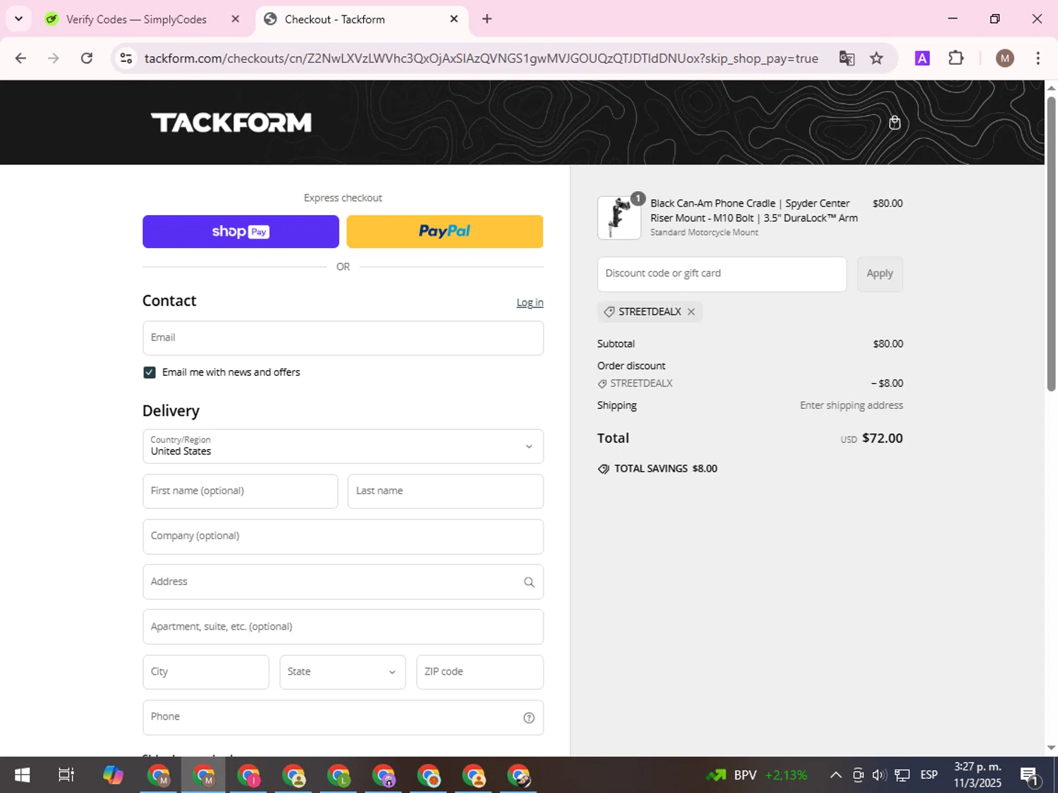 Tackform discount code screenshot showing code STREETDEALX applied at Tackform checkout page. Uploaded by SimplyCodes community member FrugalGuardian6154 on Mar 11, 2025