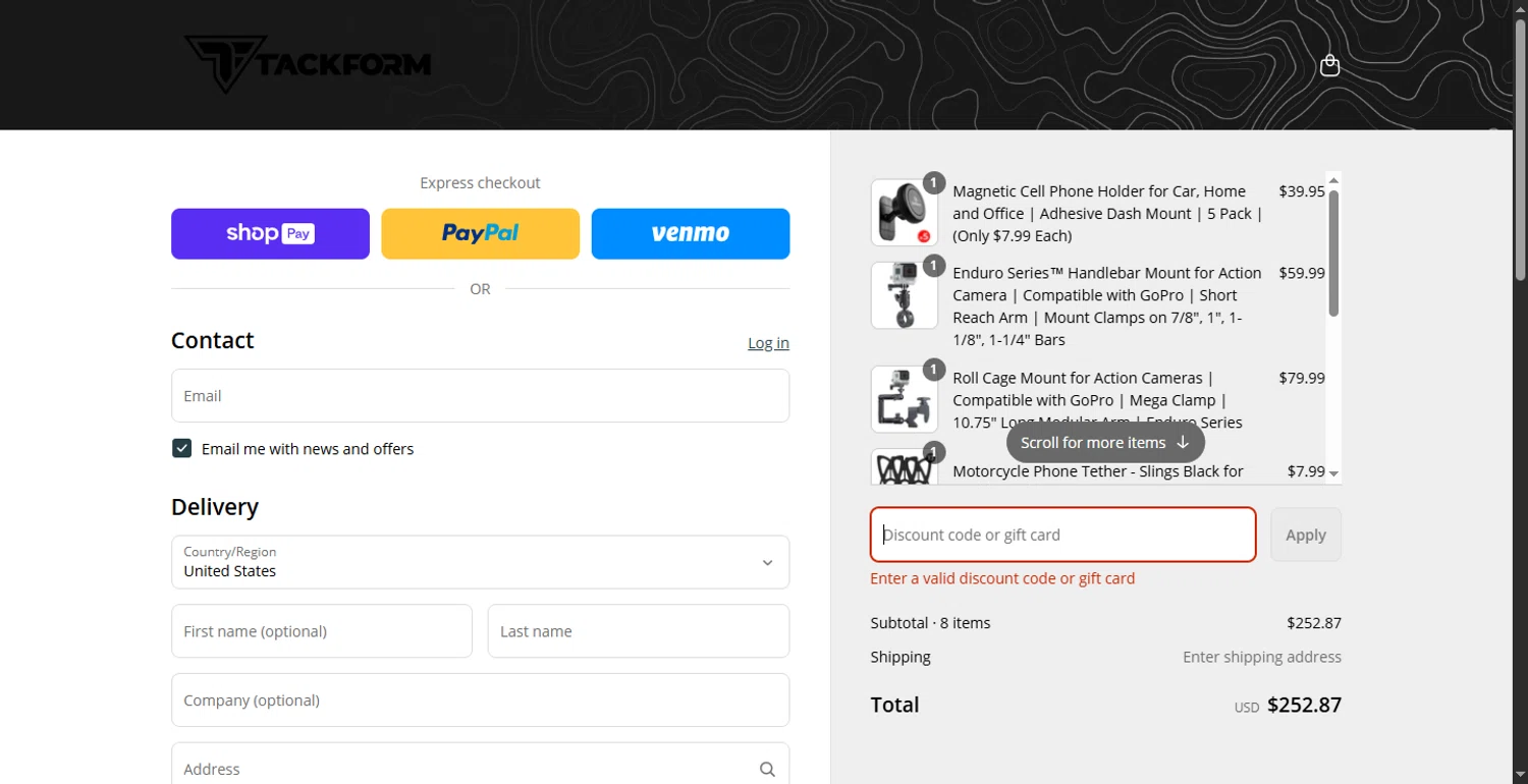 Tackform discount code screenshot showing code mdatack applied at Tackform checkout page. Uploaded by SimplyCodes community member CodeTitan6120 on Jun 3, 2025
