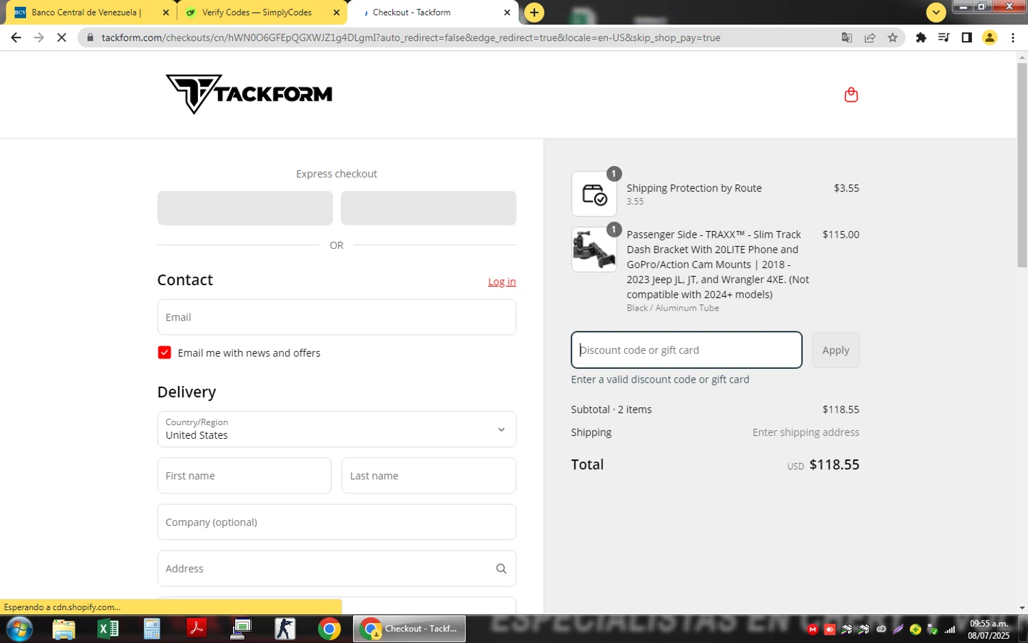 Tackform discount code screenshot showing code FREEDOM15 applied at Tackform checkout page. Uploaded by SimplyCodes community member QuestSage1300 on Jul 8, 2025