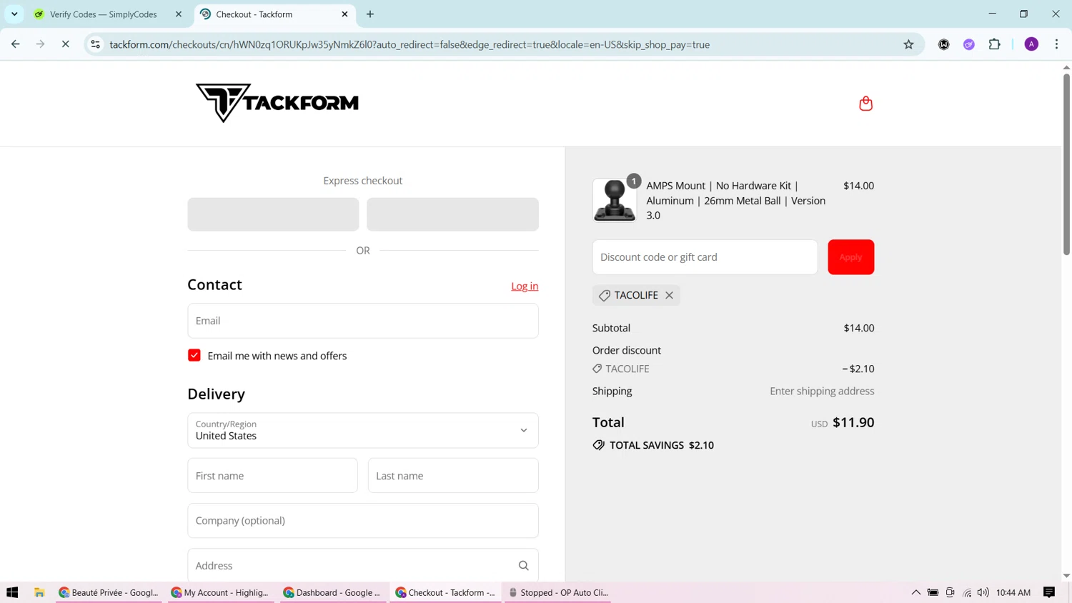 Tackform discount code screenshot showing code TACOLIFE applied at Tackform checkout page. Uploaded by SimplyCodes community member CashChaser7272 on Jul 24, 2025