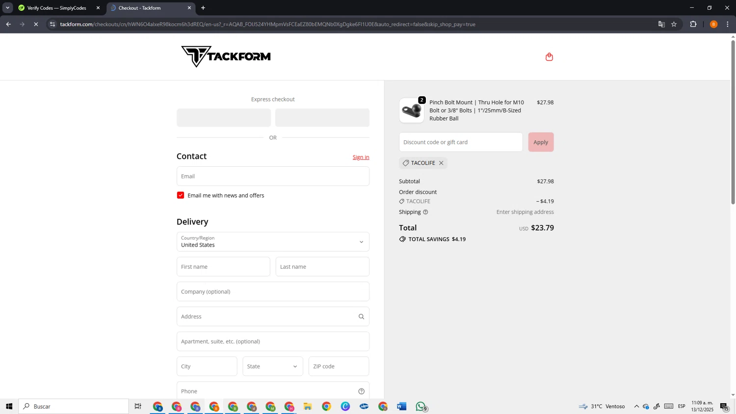 Tackform discount code screenshot showing code TACOLIFE applied at Tackform checkout page. Uploaded by SimplyCodes community member VoucherSage2253 on Dec 13, 2025