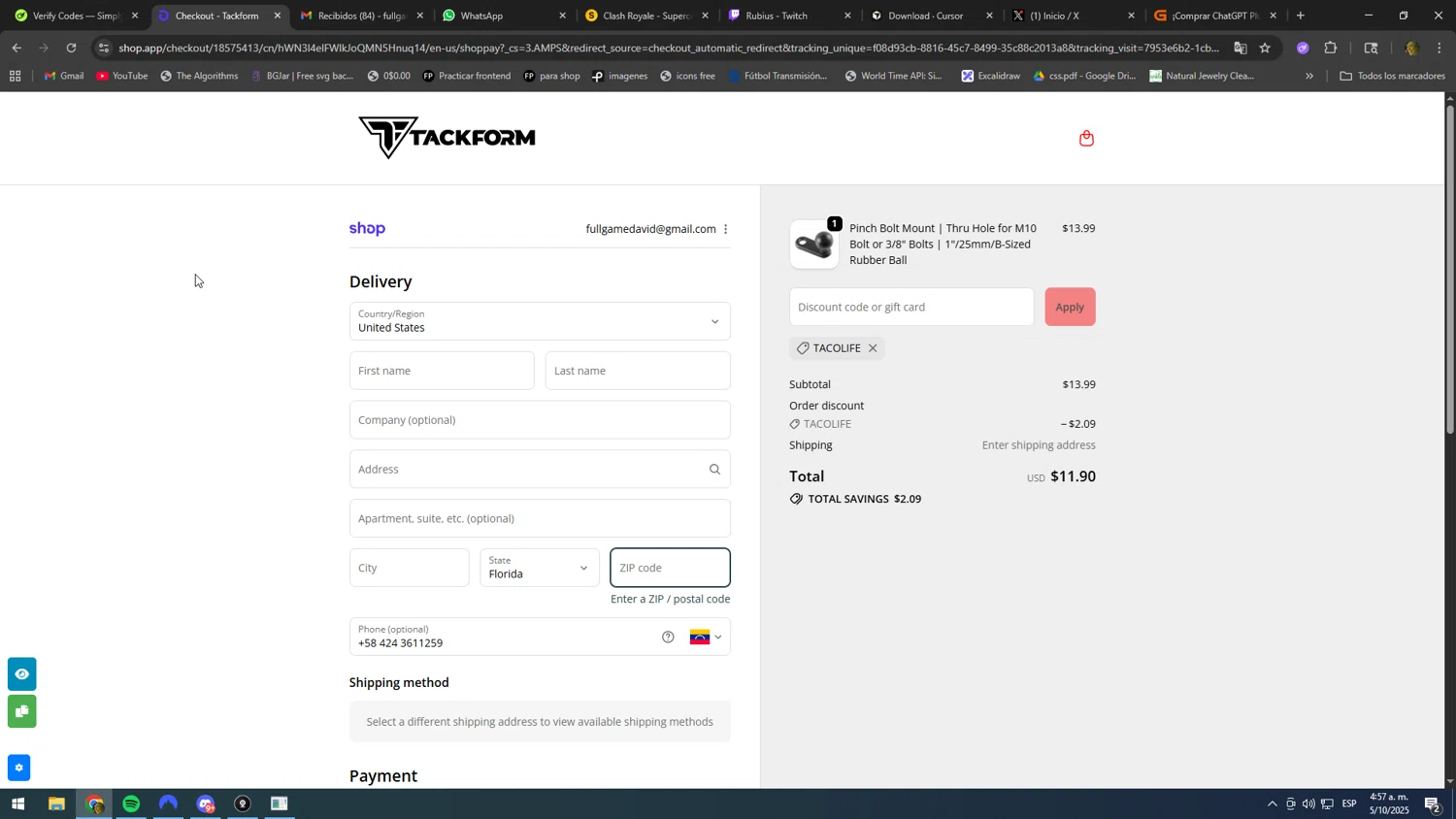 Tackform discount code screenshot showing code TACOLIFE applied at Tackform checkout page. Uploaded by SimplyCodes community member kakakakakka on Oct 5, 2025