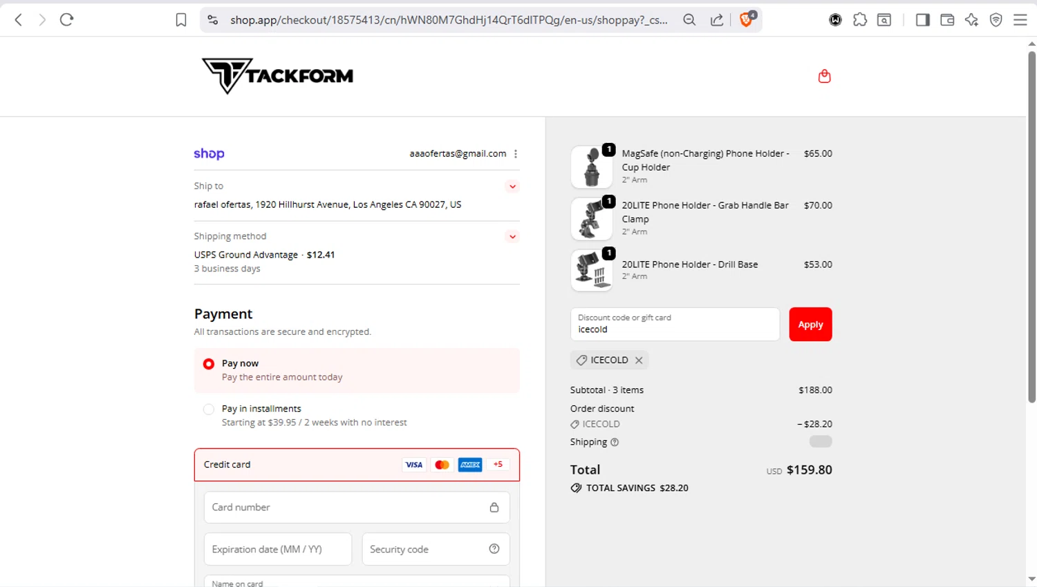 Tackform checkout page showing Tackform discount code box | Screenshot taken by SimplyCodes community member on Jan 25, 2026