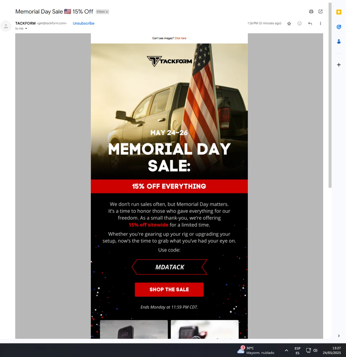 Tackform discount code screenshot showing code mdatack applied at Tackform checkout page. Uploaded by SimplyCodes community member UnkNownVnzla on May 24, 2025