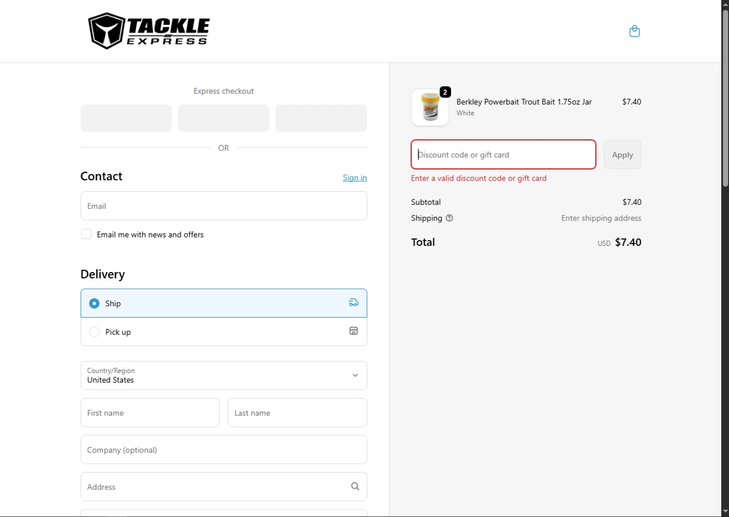 Tackle Express discount code screenshot showing code WELCOME10 applied at Tackle Express checkout page. Uploaded by SimplyCodes community member GoldPhoenix3793 on Nov 27, 2025