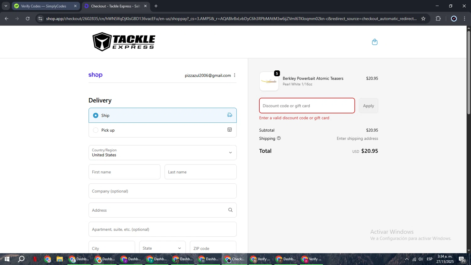 Tackle Express discount code screenshot showing code WELCOME10 applied at Tackle Express checkout page. Uploaded by SimplyCodes community member RoyalBoss4384 on Nov 27, 2025