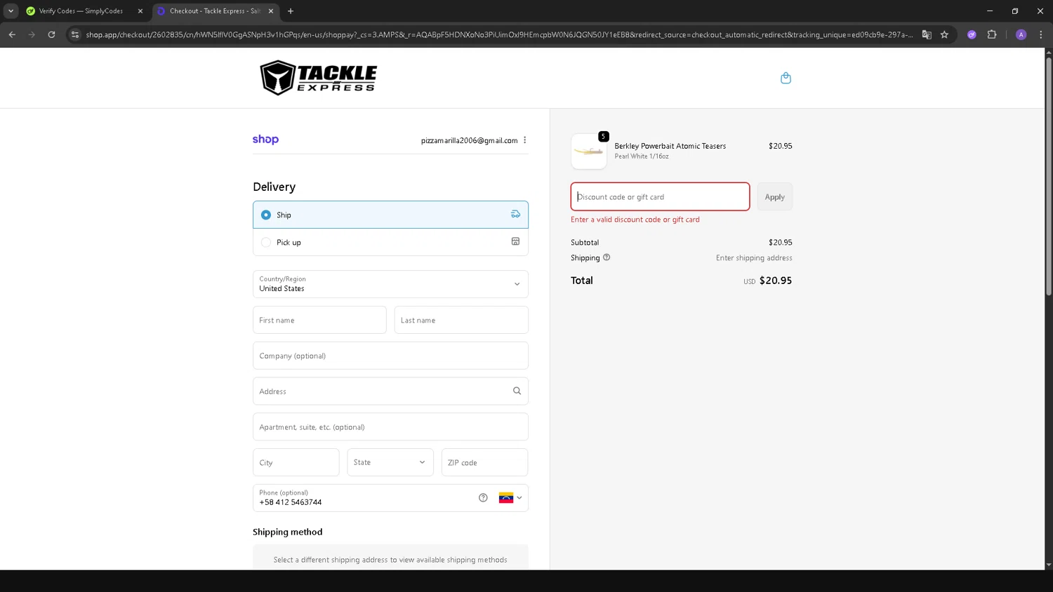 Tackle Express discount code screenshot showing code WELCOME10 applied at Tackle Express checkout page. Uploaded by SimplyCodes community member SAKURA on Nov 27, 2025