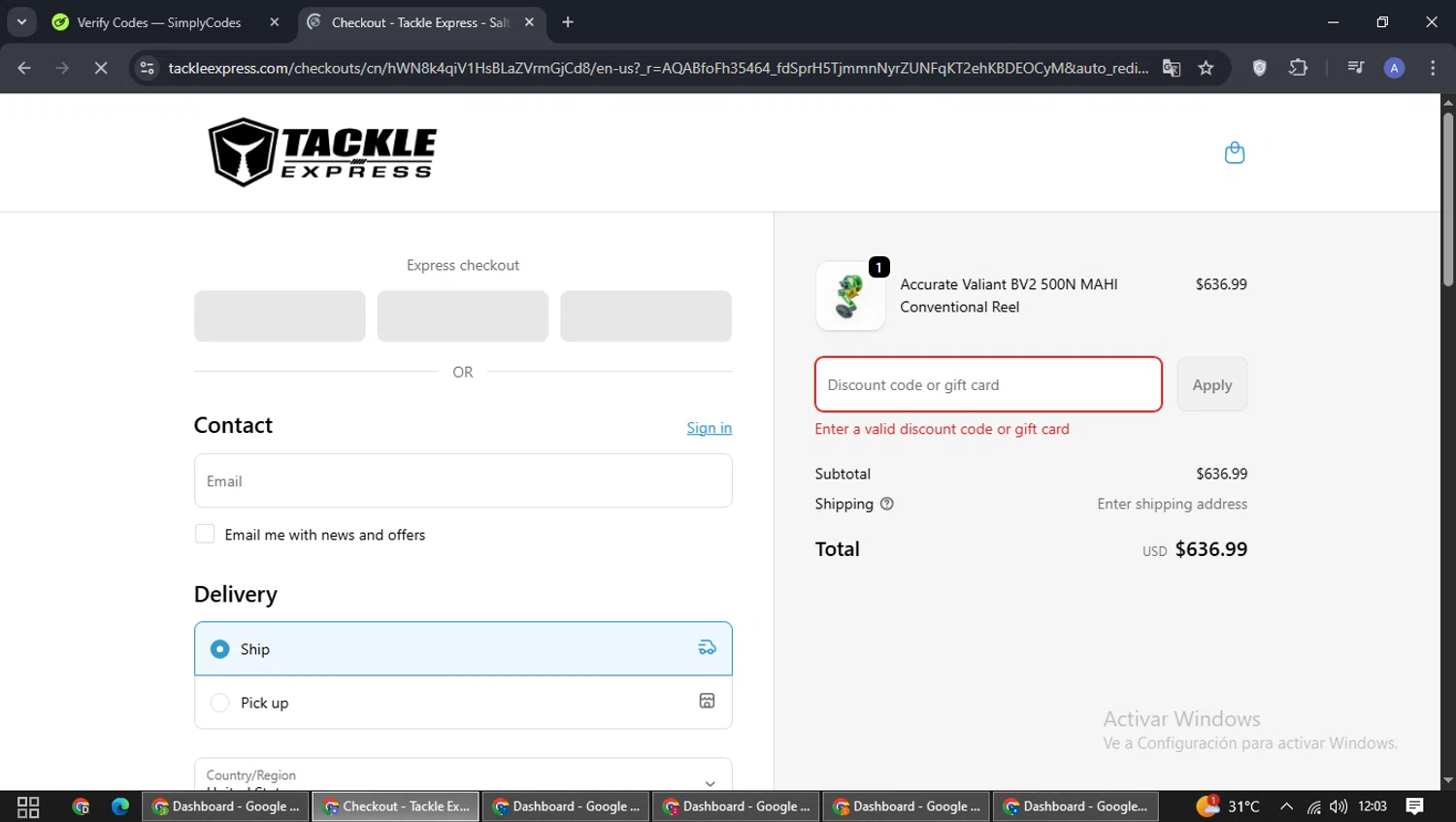 Tackle Express discount code screenshot showing code CART10 applied at Tackle Express checkout page. Uploaded by SimplyCodes community member BargainPilot8819 on Feb 13, 2026