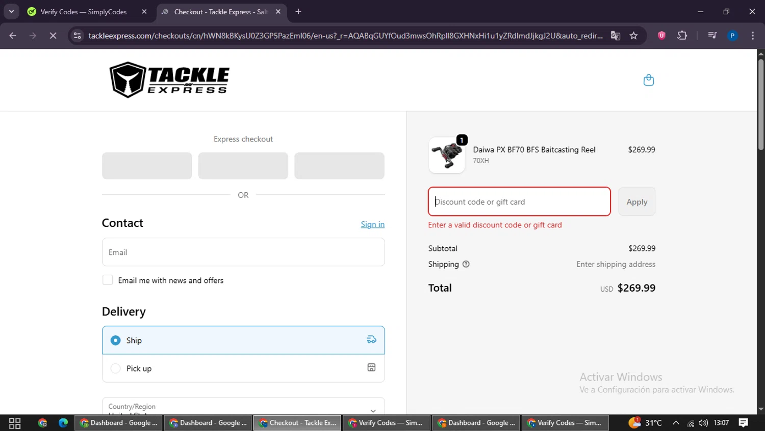 Tackle Express discount code screenshot showing code CART10 applied at Tackle Express checkout page. Uploaded by SimplyCodes community member QuestExpert3096 on Feb 13, 2026