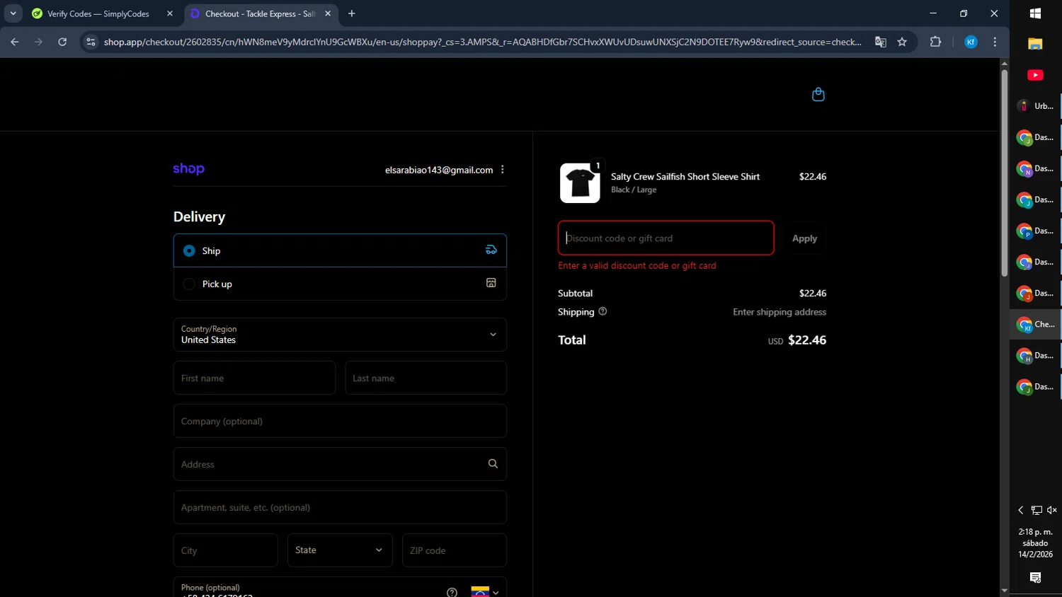 Tackle Express discount code screenshot showing code TACKLE10 applied at Tackle Express checkout page. Uploaded by SimplyCodes community member Cynoxx on Feb 14, 2026