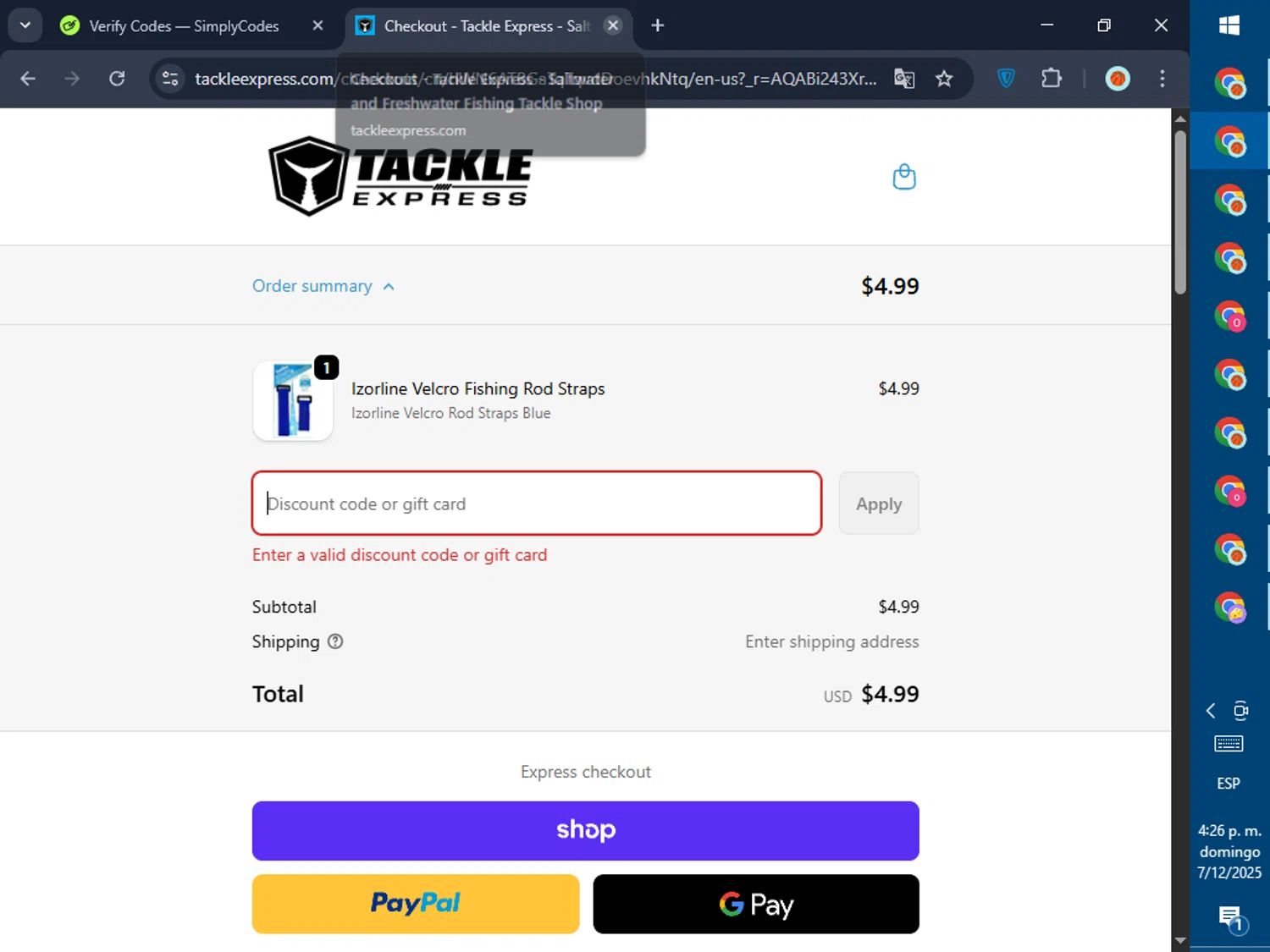 Tackle Express discount code screenshot showing code TACKLE10 applied at Tackle Express checkout page. Uploaded by SimplyCodes community member GoldPilot5958 on Dec 7, 2025