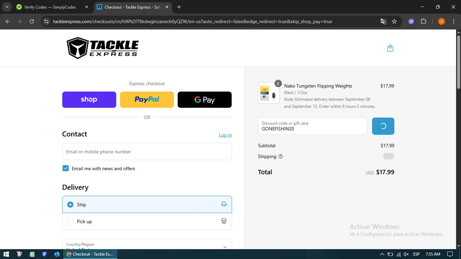 Tackle Express discount code screenshot showing code GONEFISHIN20 applied at Tackle Express checkout page. Uploaded by SimplyCodes community member CleverSpotter4192 on Sep 6, 2025