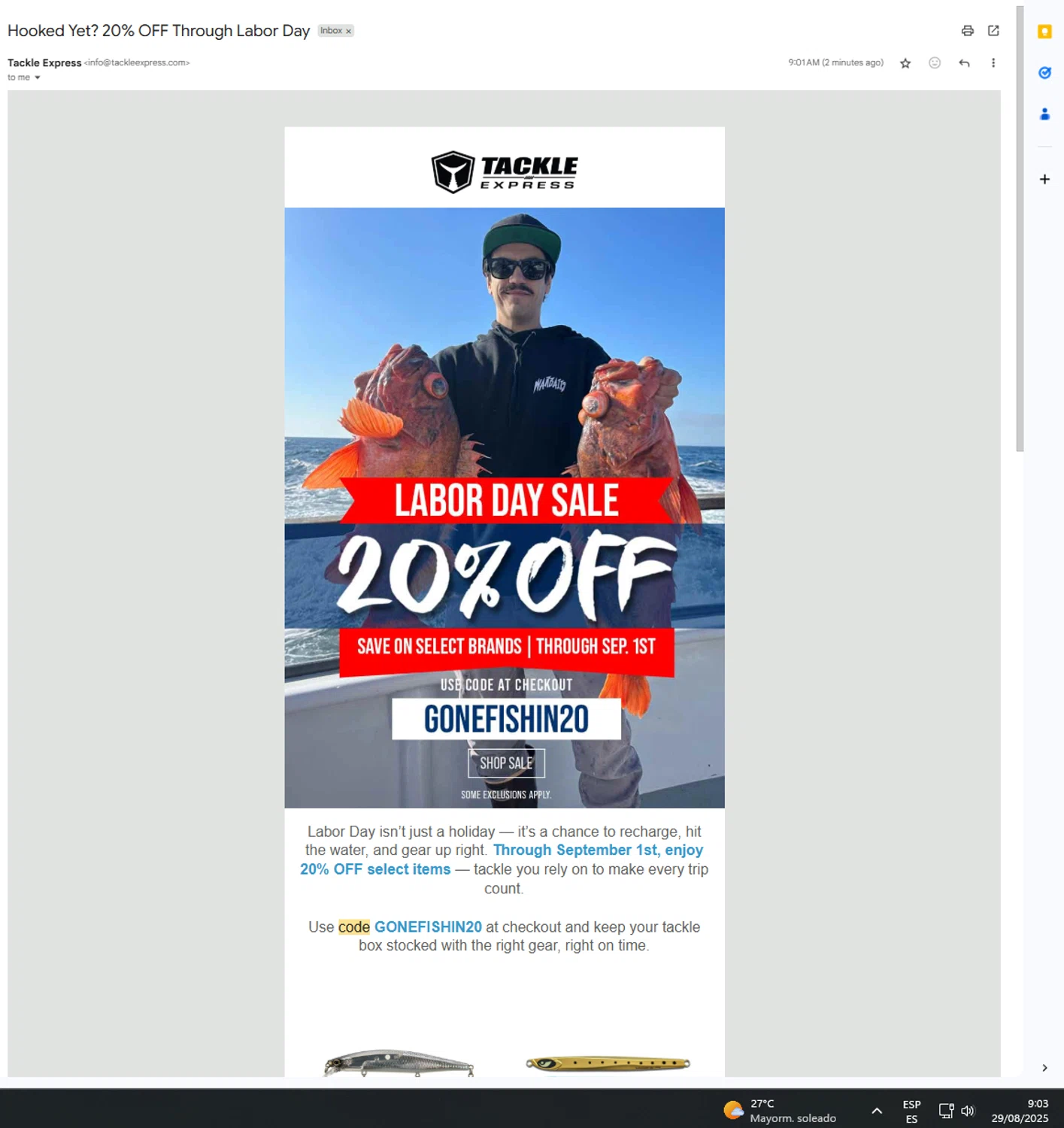 Tackle Express discount code screenshot showing code GONEFISHIN20 applied at Tackle Express checkout page. Uploaded by SimplyCodes community member UnkNownVnzla on Aug 29, 2025