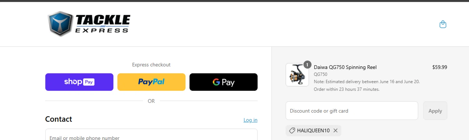 Tackle Express discount code screenshot showing code HALIQUEEN10 applied at Tackle Express checkout page. Uploaded by SimplyCodes community member ashe1986 on Jun 14, 2025
