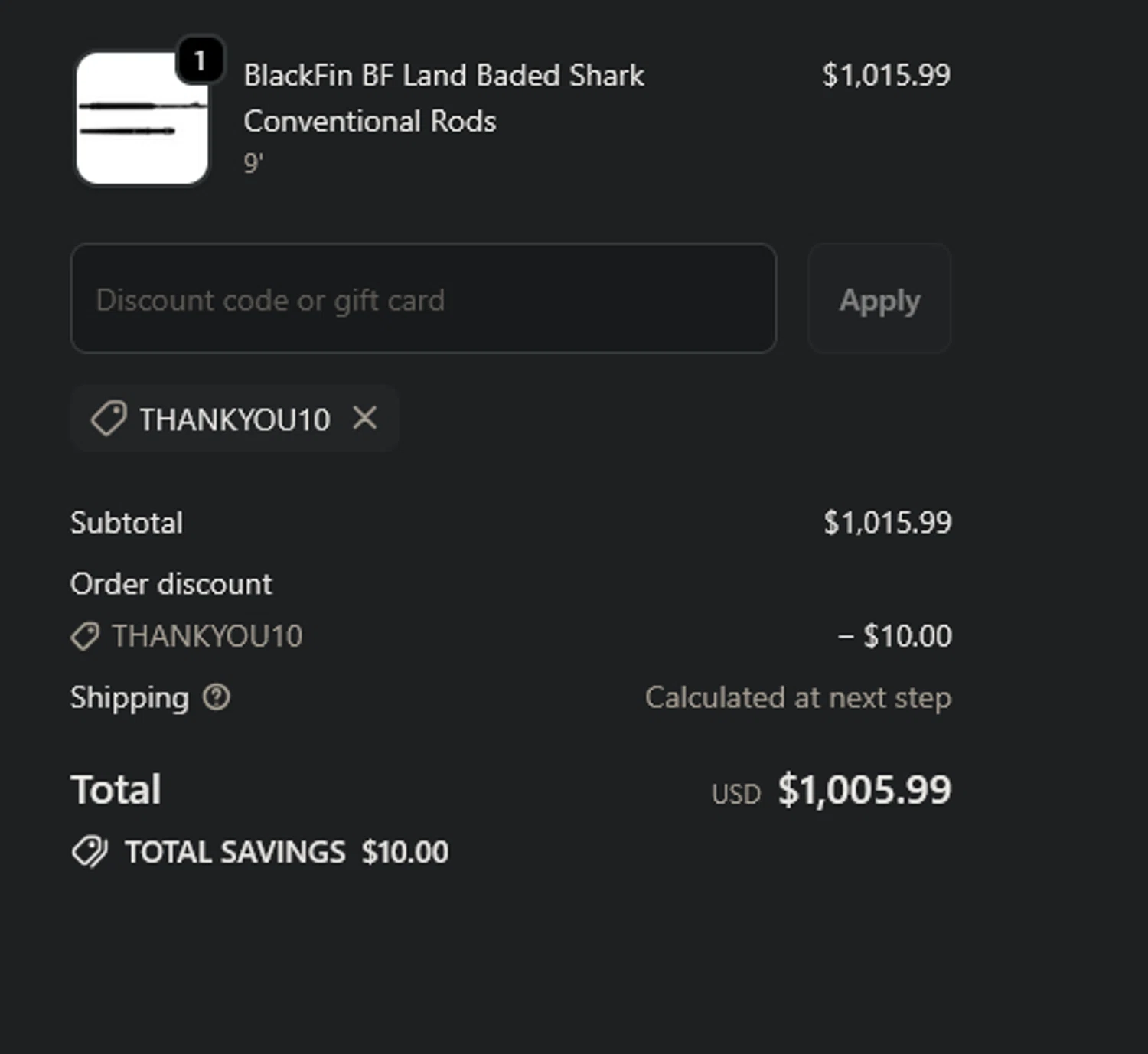 Tackle World coupon code screenshot showing code Thankyou10 applied at Tackle World checkout page. Uploaded by SimplyCodes community member xocelot44x on Dec 28, 2025