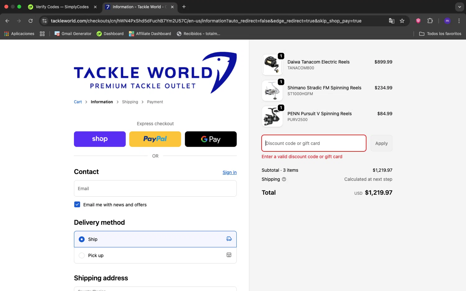 Tackle World coupon code screenshot showing code Giftcard102025 applied at Tackle World checkout page. Uploaded by SimplyCodes community member 1234ely on Oct 22, 2025