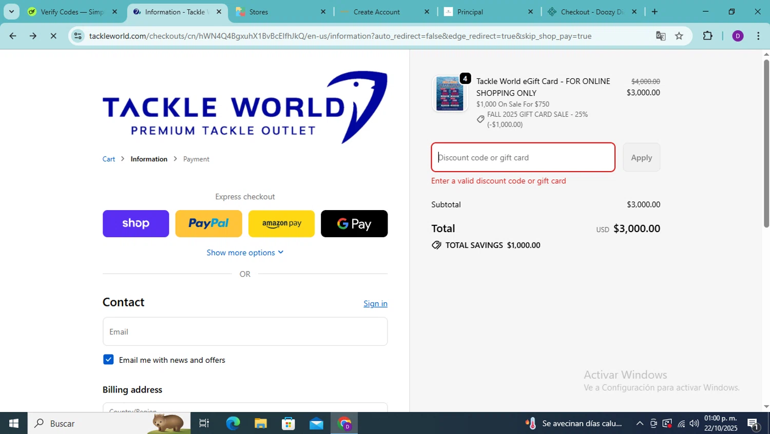Tackle World coupon code screenshot showing code Giftcard152025 applied at Tackle World checkout page. Uploaded by SimplyCodes community member SmartMaverick353 on Oct 22, 2025