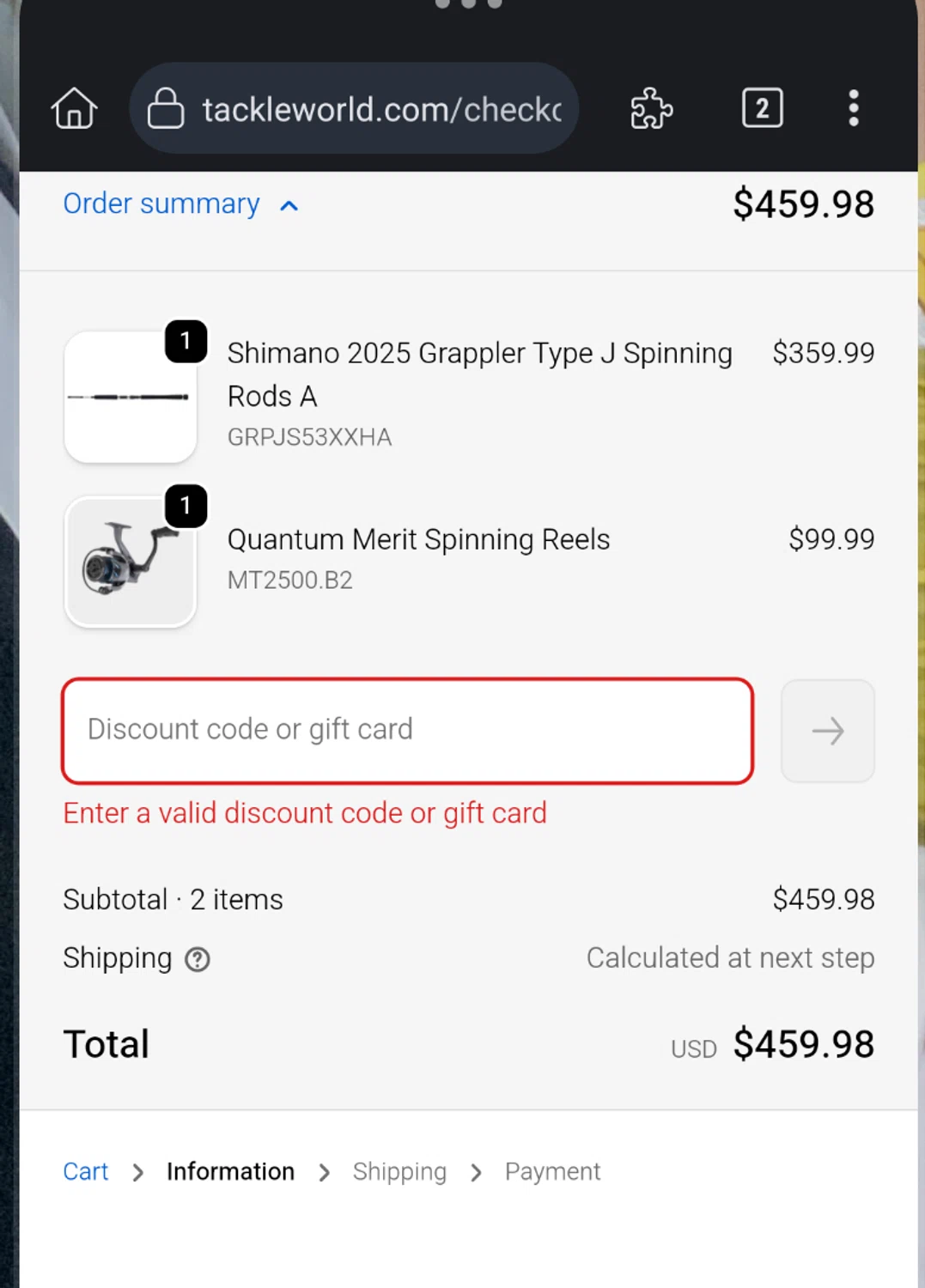 Tackle World coupon code screenshot showing code Giftcard152025 applied at Tackle World checkout page. Uploaded by SimplyCodes community member nerimarsantaella on Oct 22, 2025