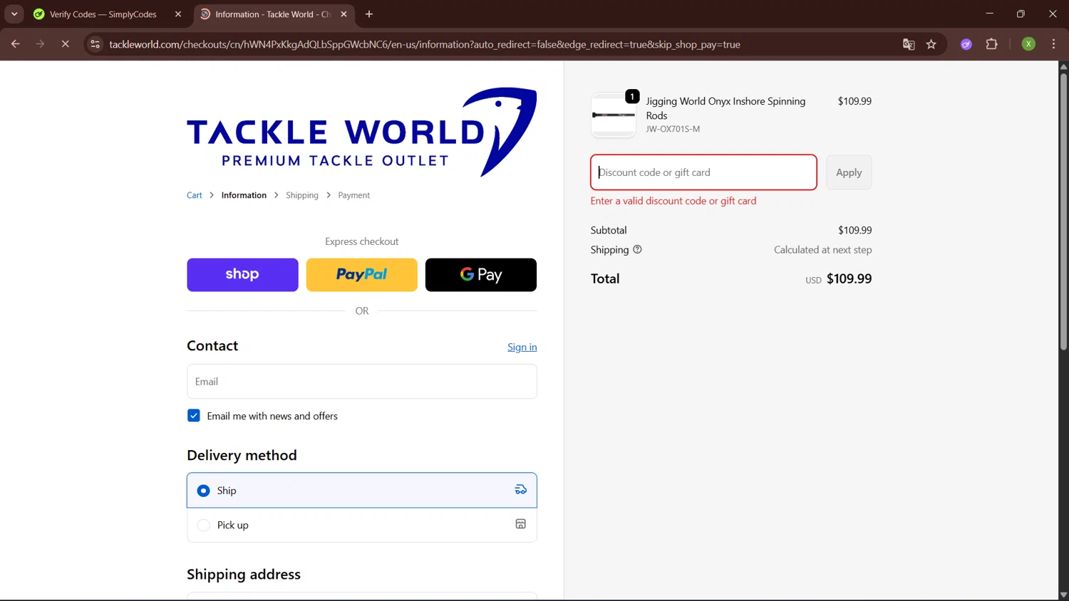 Tackle World coupon code screenshot showing code Giftcard202025 applied at Tackle World checkout page. Uploaded by SimplyCodes community member SaleTiger1087 on Oct 22, 2025