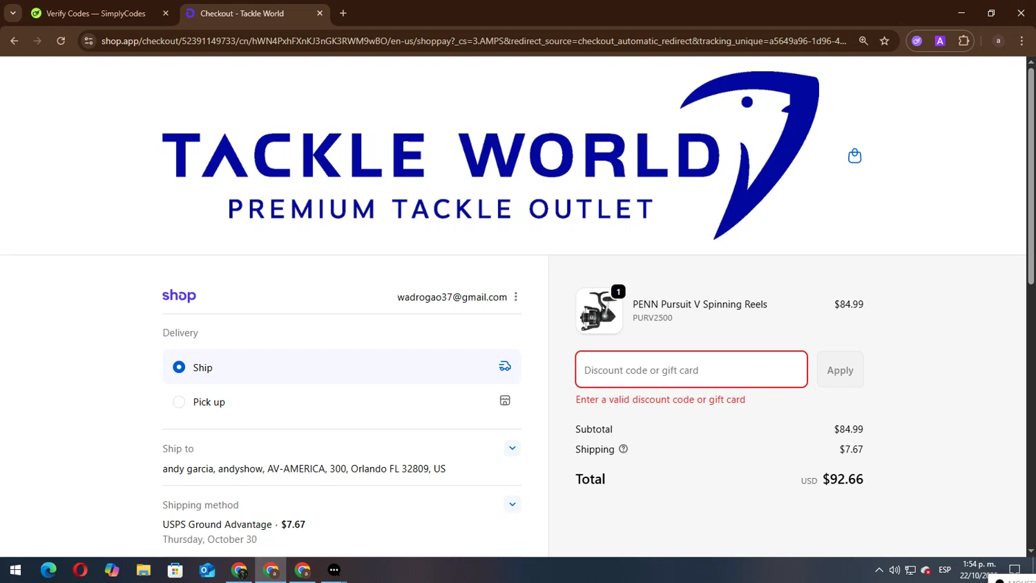 Tackle World coupon code screenshot showing code Giftcard202025 applied at Tackle World checkout page. Uploaded by SimplyCodes community member lisandro on Oct 22, 2025
