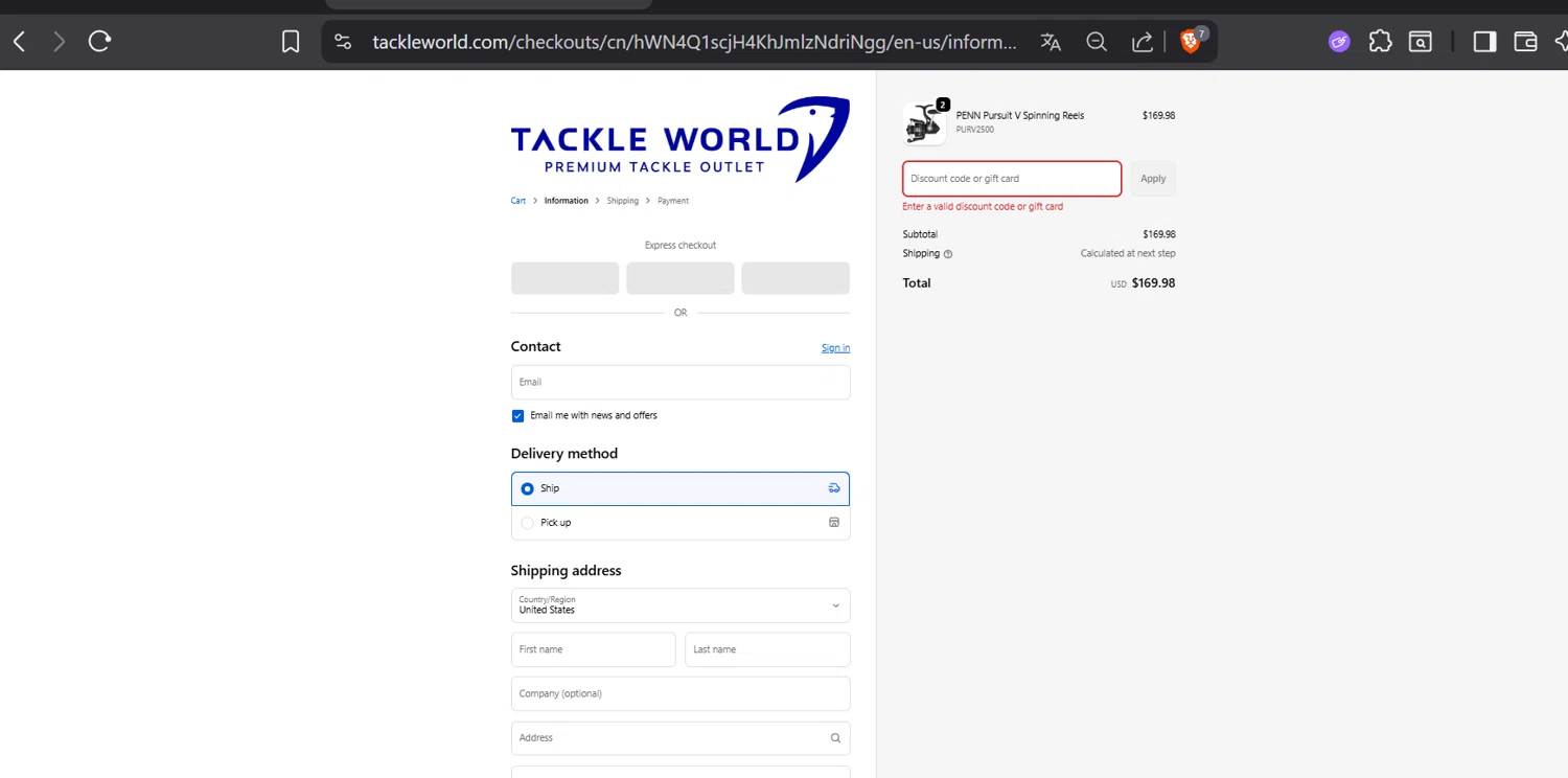 Tackle World coupon code screenshot showing code Giftcard252025 applied at Tackle World checkout page. Uploaded by SimplyCodes community member CoinOwl5103 on Oct 22, 2025