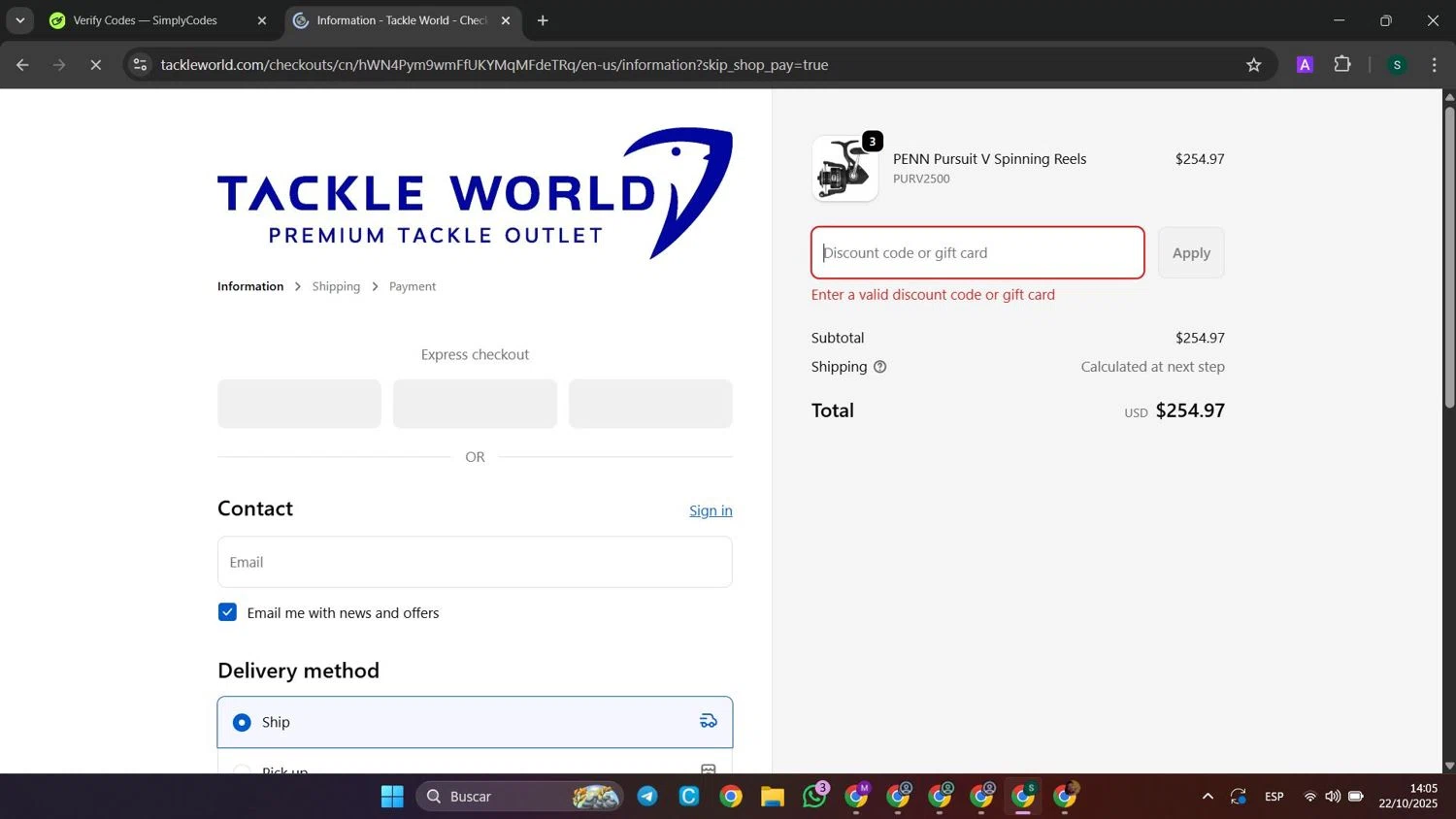 Tackle World coupon code screenshot showing code Giftcard252025 applied at Tackle World checkout page. Uploaded by SimplyCodes community member SaleHunter9008 on Oct 22, 2025