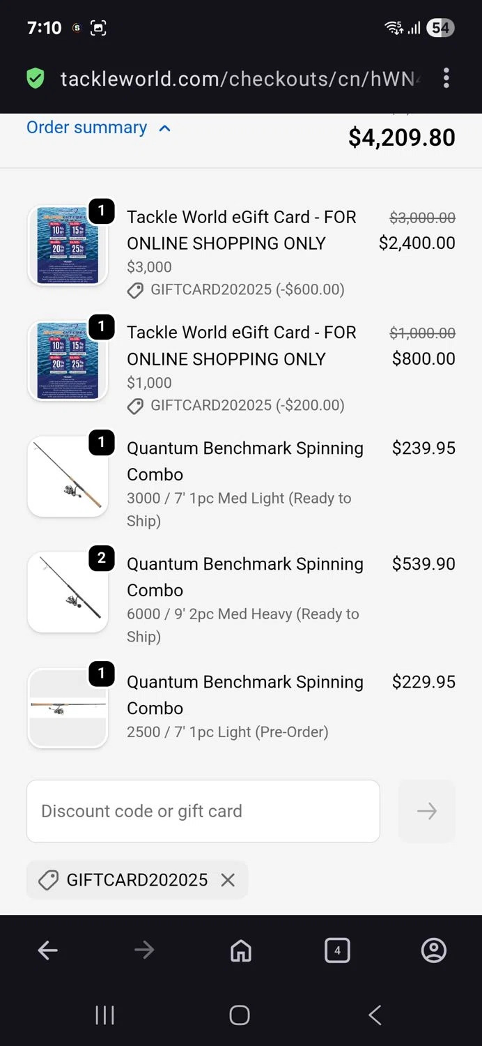 Tackle World coupon code screenshot showing code Giftcard202025 applied at Tackle World checkout page. Uploaded by SimplyCodes community member BB9542251456527 on Oct 20, 2025