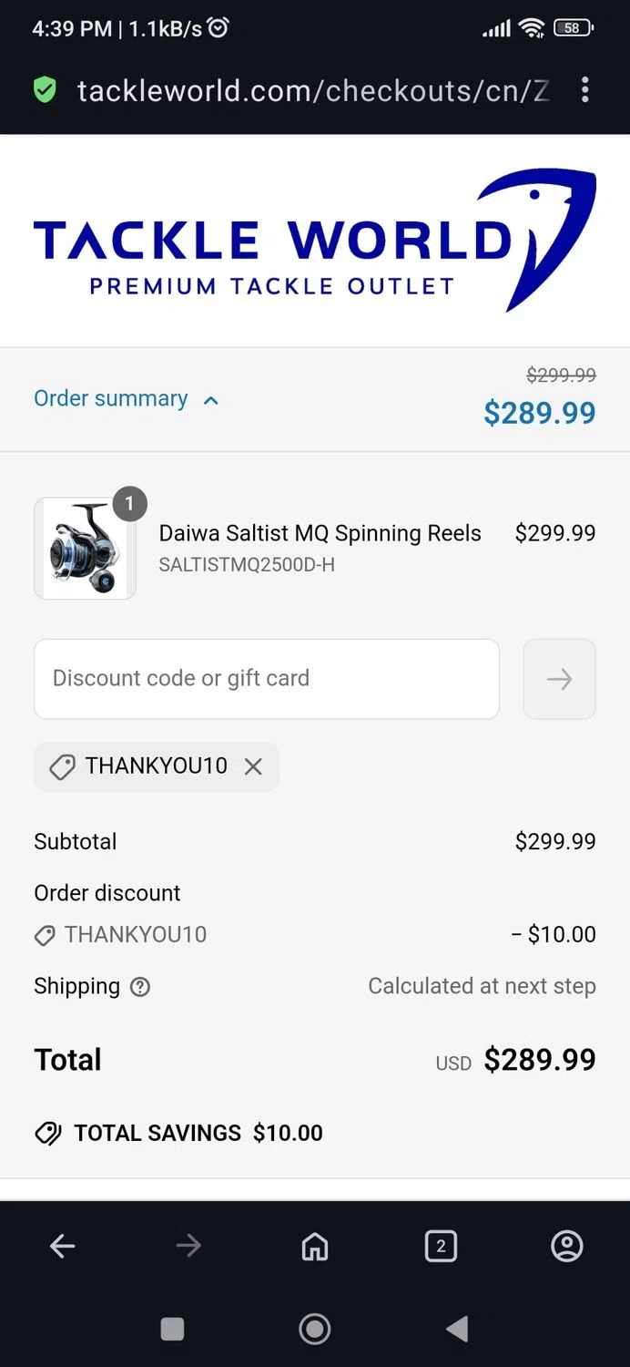Tackle World coupon code screenshot showing code Thankyou10 applied at Tackle World checkout page. Uploaded by SimplyCodes community member BB9542251456527 on Apr 28, 2025