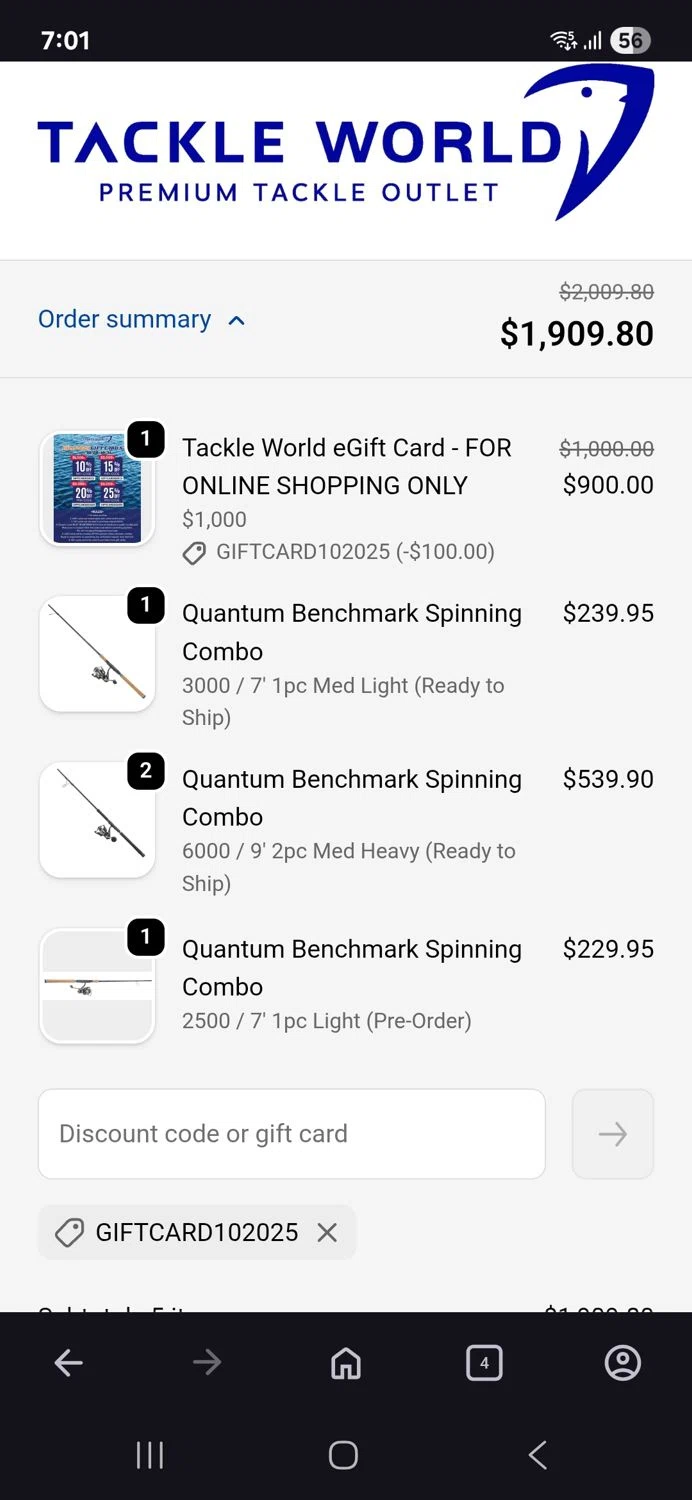 Tackle World coupon code screenshot showing code Giftcard102025 applied at Tackle World checkout page. Uploaded by SimplyCodes community member BB9542251456527 on Oct 20, 2025