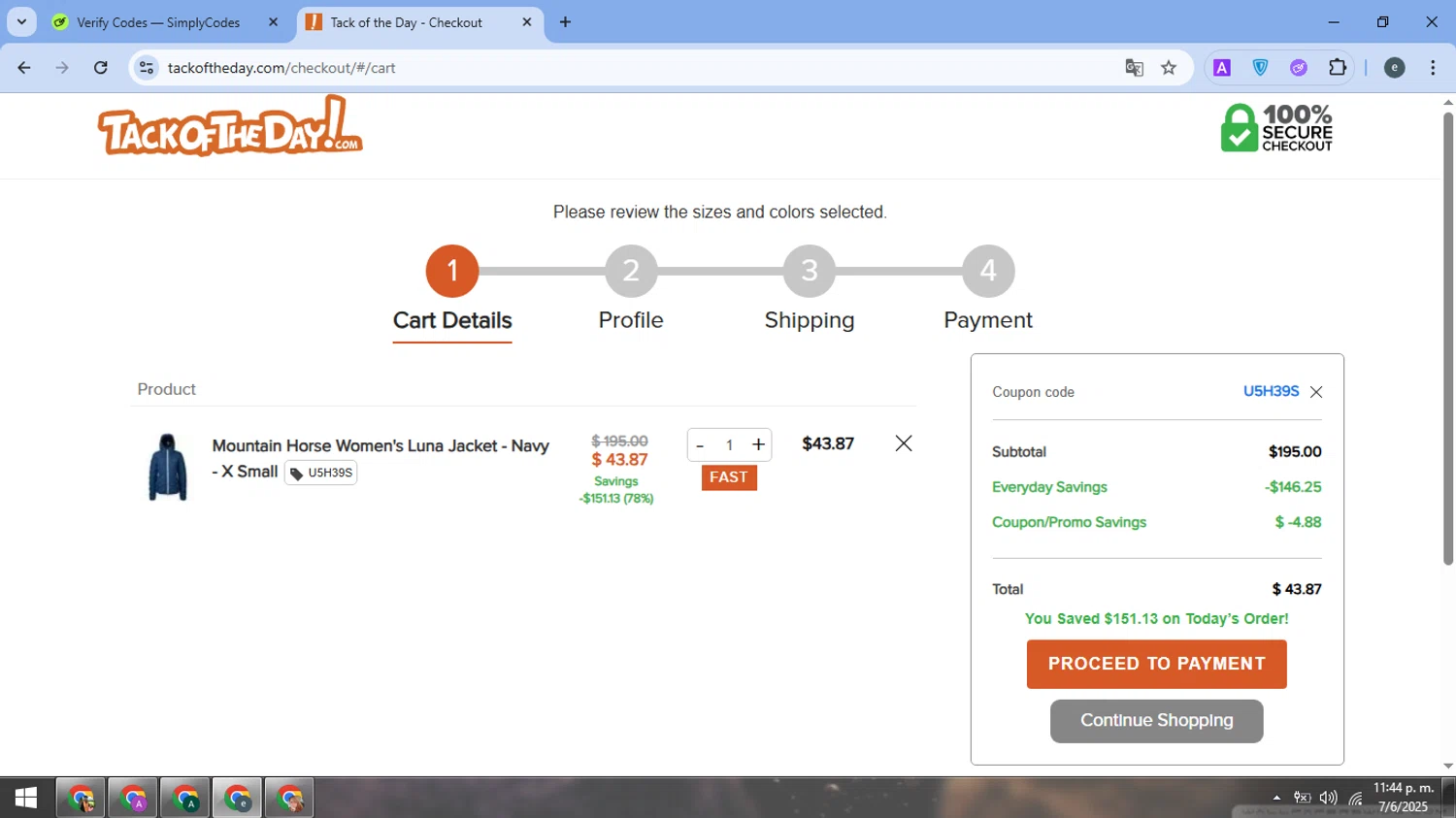 Tack of the Day coupon code screenshot showing code U5H39S applied at Tack of the Day checkout page. Uploaded by SimplyCodes community member MightyPro980 on Jun 8, 2025